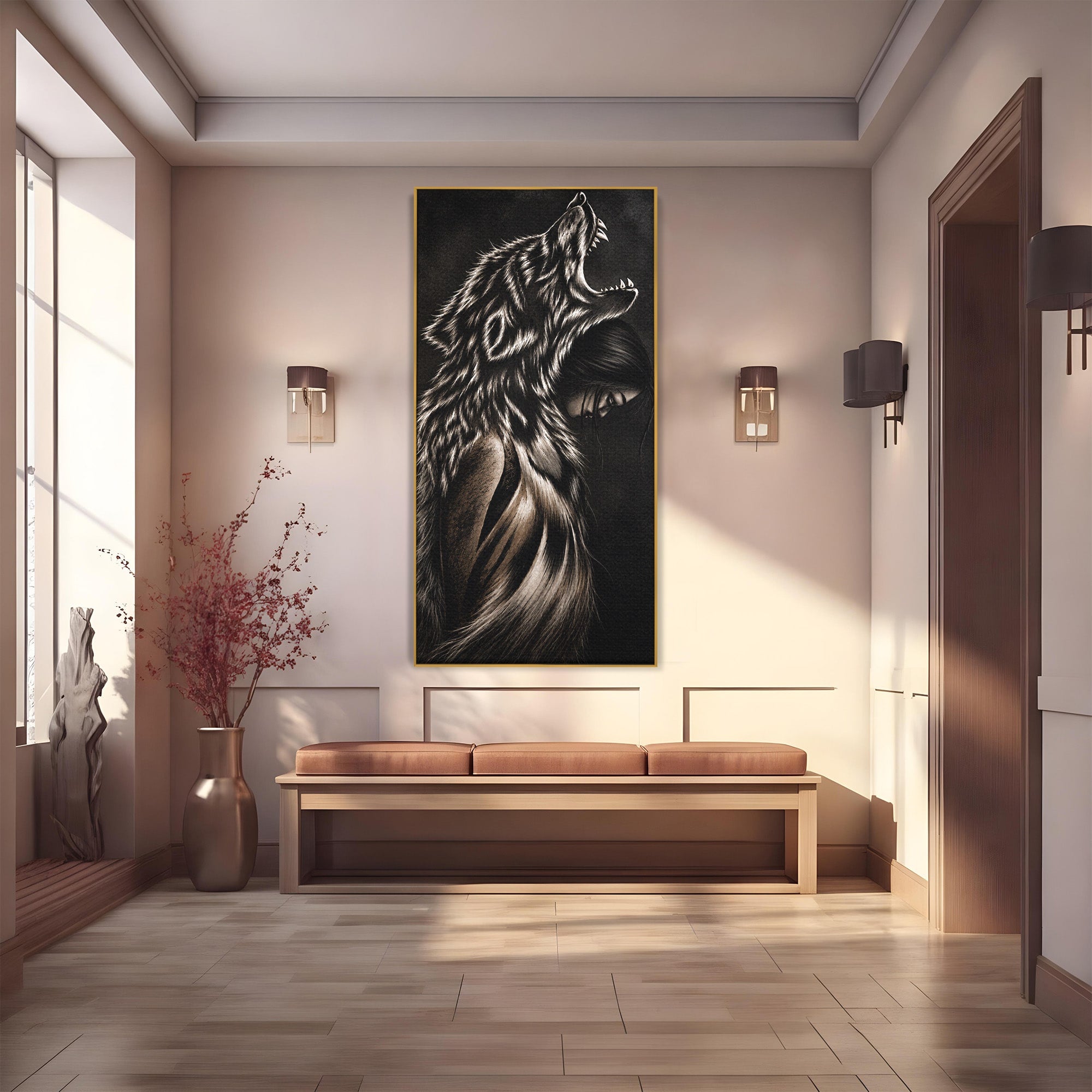 Tablou Canvas Premium LuxCanva® U1106, Femeie Lup, Mister, Portret, Femeie, Lup, Dormitor, Living, Culori Vibrante