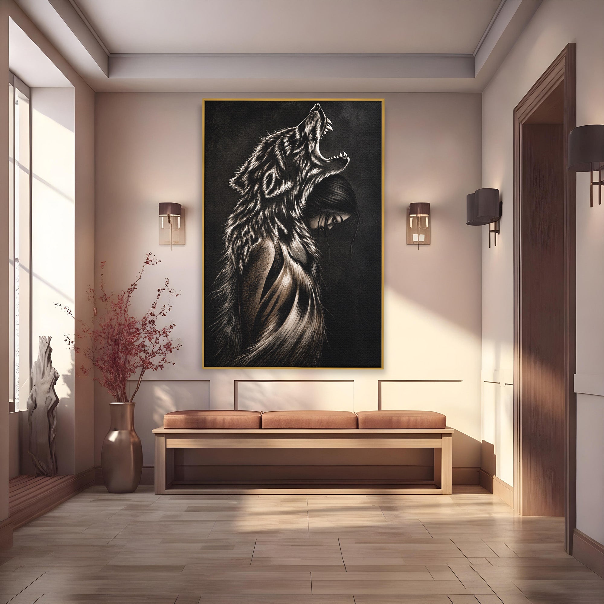 Tablou Canvas Premium LuxCanva® U1106, Femeie Lup, Mister, Portret, Femeie, Lup, Dormitor, Living, Culori Vibrante