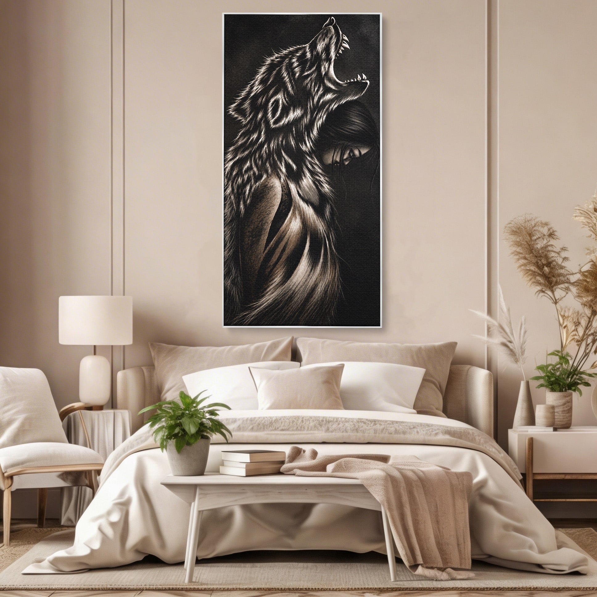 Tablou Canvas Premium LuxCanva® U1106, Femeie Lup, Mister, Portret, Femeie, Lup, Dormitor, Living, Culori Vibrante