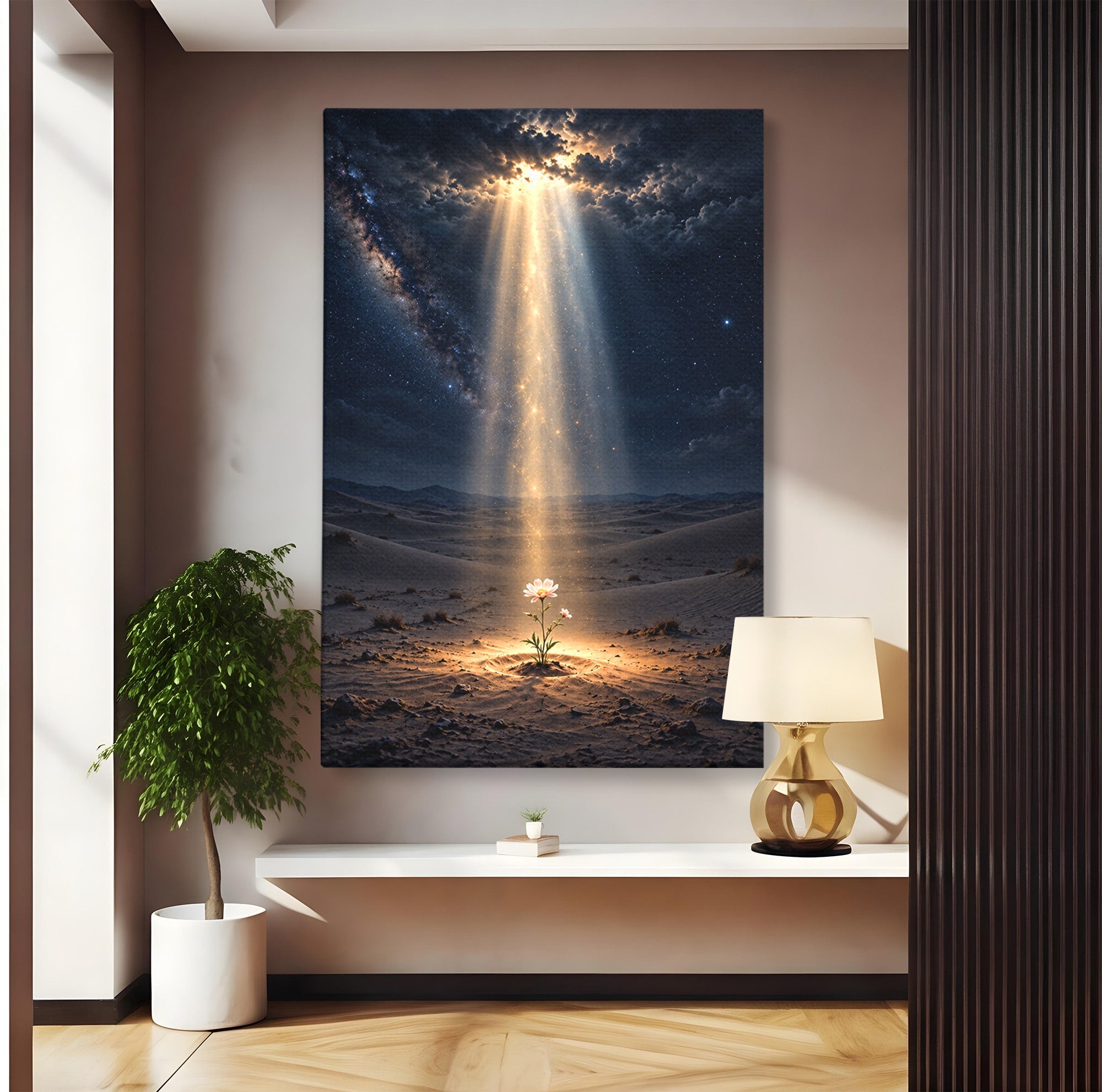 Tablou Canvas Premium LuxCanva® U1108, Floare In Desert,  Noapte, Lumina, Floare, Desert, Living, Culori Vibrante