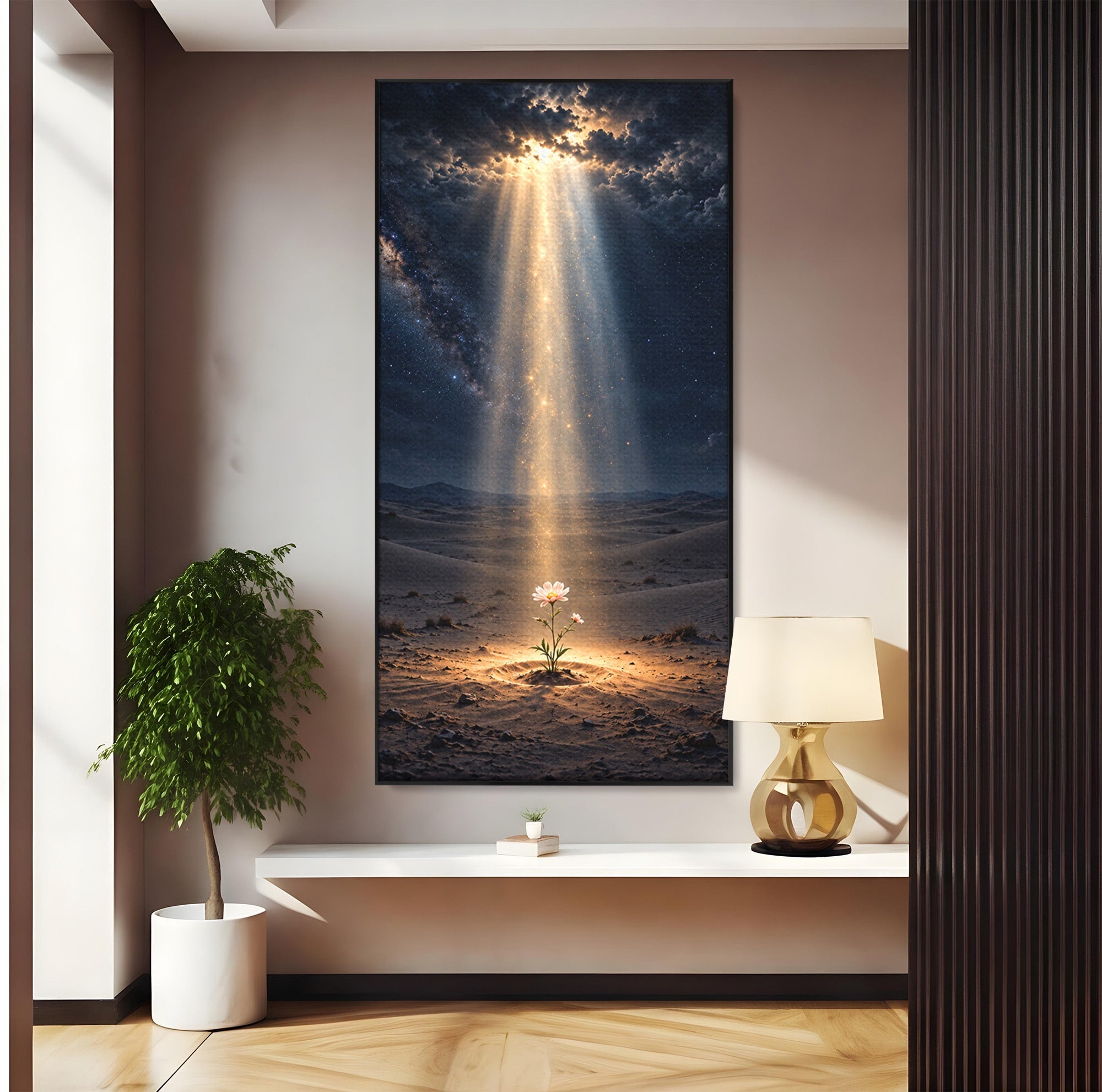 Tablou Canvas Premium LuxCanva® U1108, Floare In Desert,  Noapte, Lumina, Floare, Desert, Living, Culori Vibrante