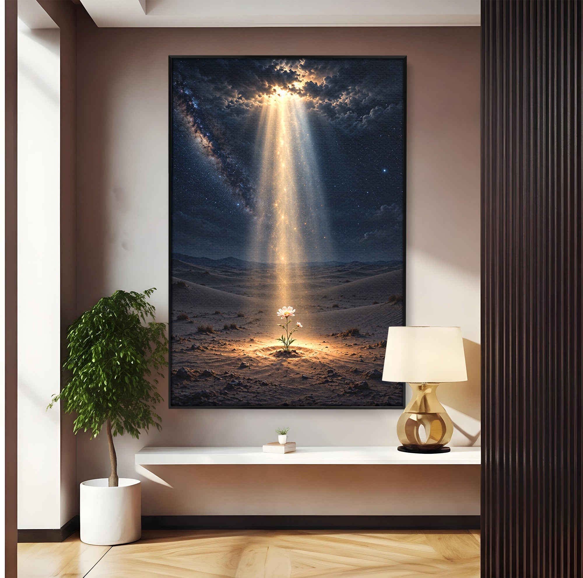 Tablou Canvas Premium LuxCanva® U1108, Floare In Desert,  Noapte, Lumina, Floare, Desert, Living, Culori Vibrante