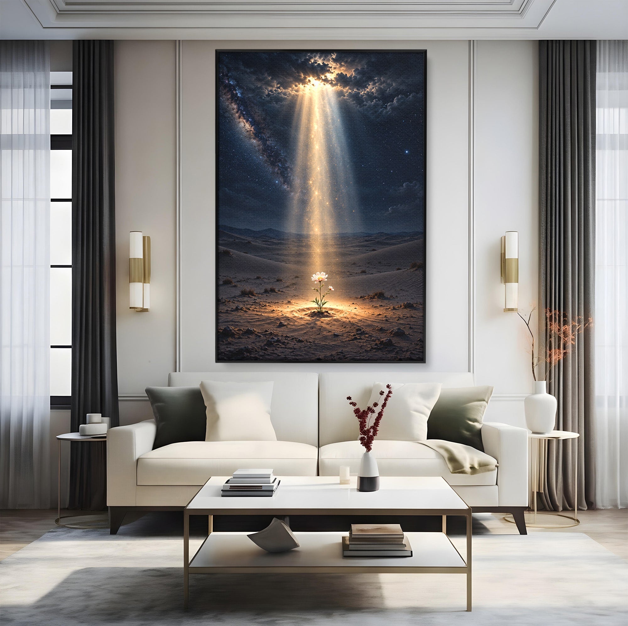 Tablou Canvas Premium LuxCanva® U1108, Floare In Desert,  Noapte, Lumina, Floare, Desert, Living, Culori Vibrante