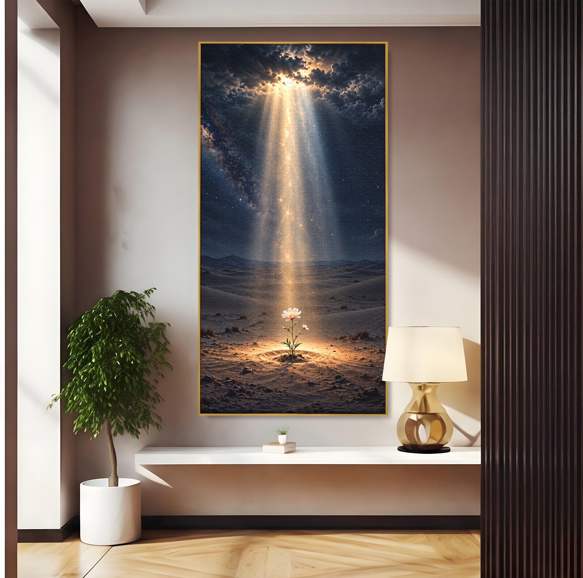 Tablou Canvas Premium LuxCanva® U1108, Floare In Desert,  Noapte, Lumina, Floare, Desert, Living, Culori Vibrante