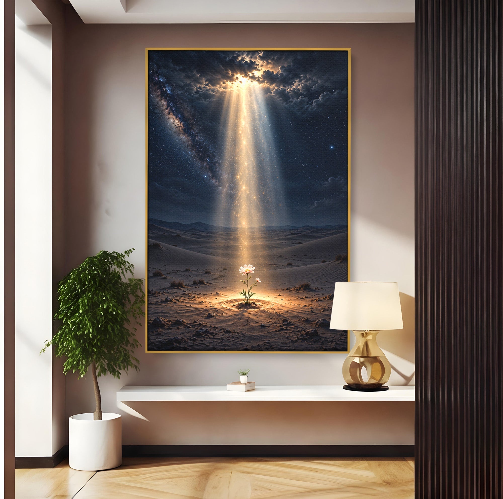 Tablou Canvas Premium LuxCanva® U1108, Floare In Desert,  Noapte, Lumina, Floare, Desert, Living, Culori Vibrante