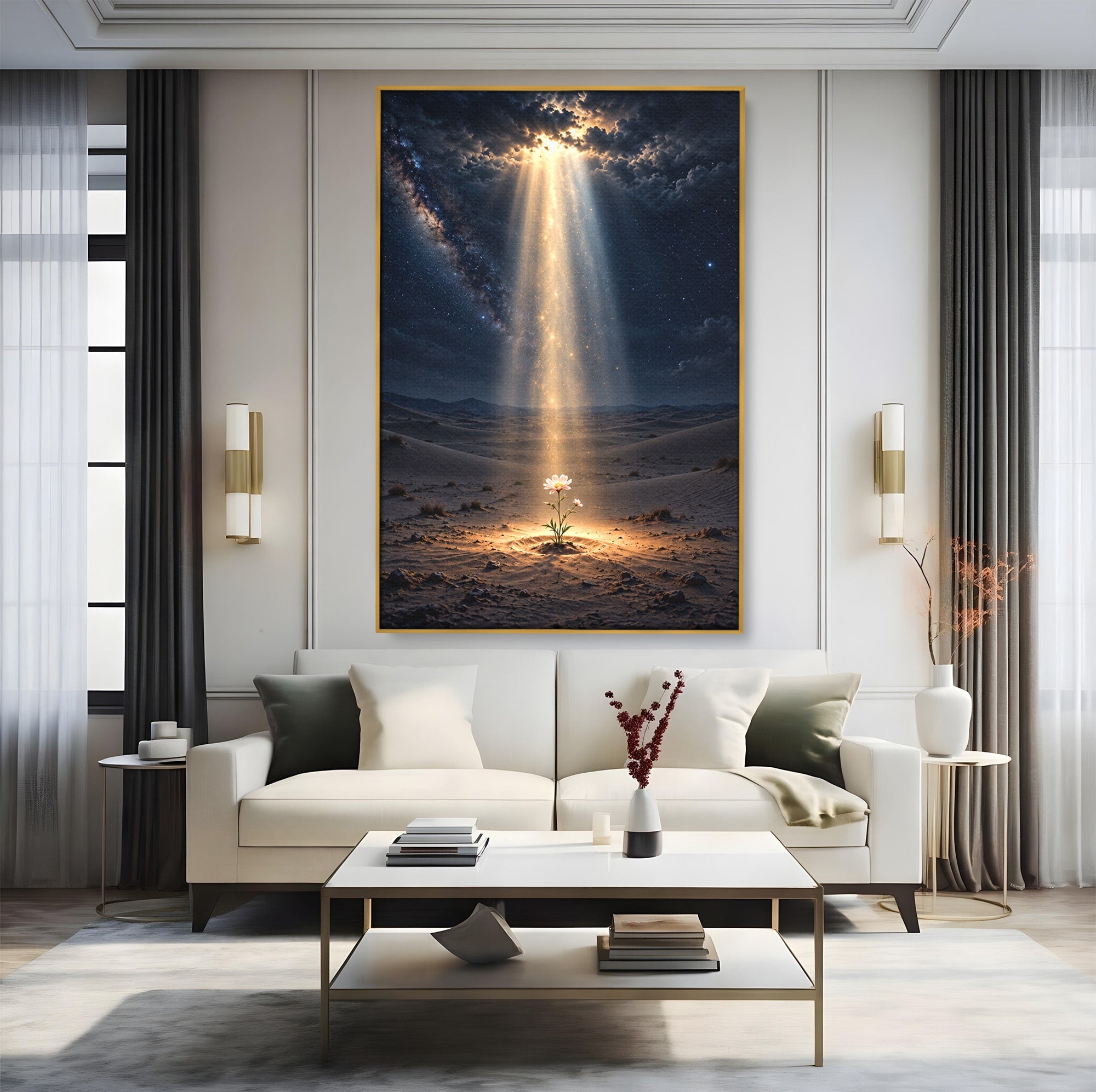 Tablou Canvas Premium LuxCanva® U1108, Floare In Desert,  Noapte, Lumina, Floare, Desert, Living, Culori Vibrante