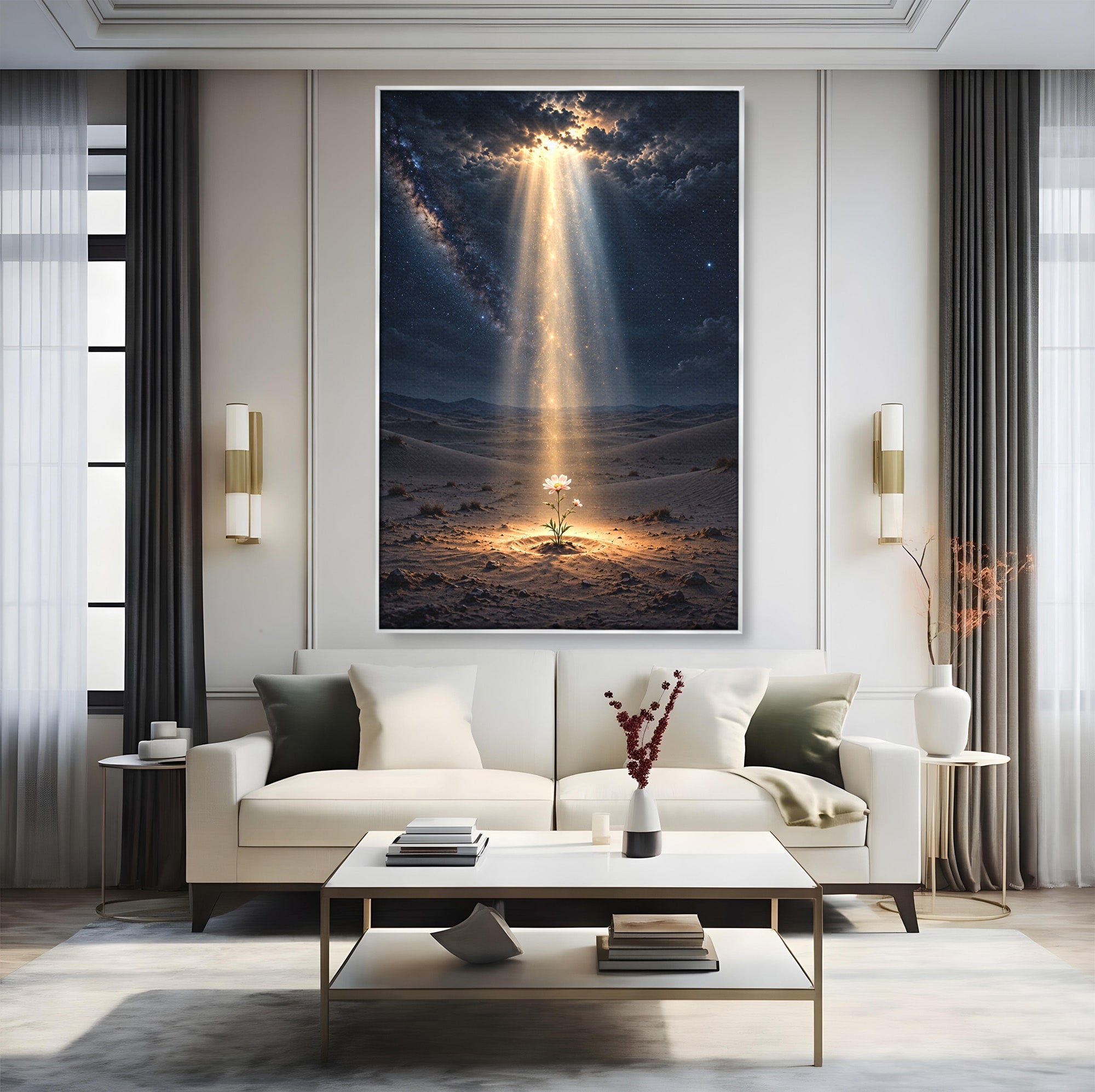 Tablou Canvas Premium LuxCanva® U1108, Floare In Desert,  Noapte, Lumina, Floare, Desert, Living, Culori Vibrante