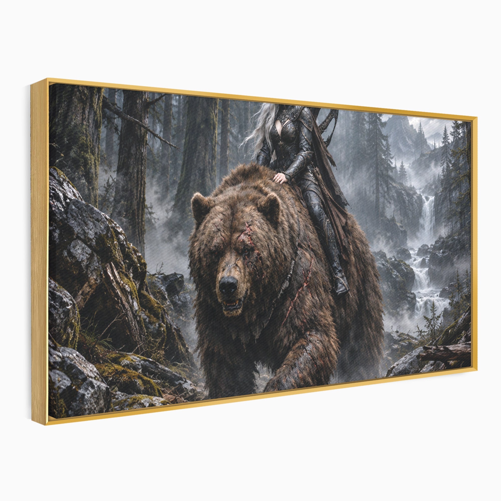 Tablou Canvas Premium LuxCanva® U1111, Razboinica si Ursul,  Padure, Aventura, Fantezie, Urs, Dormitor, Culori Vibrante