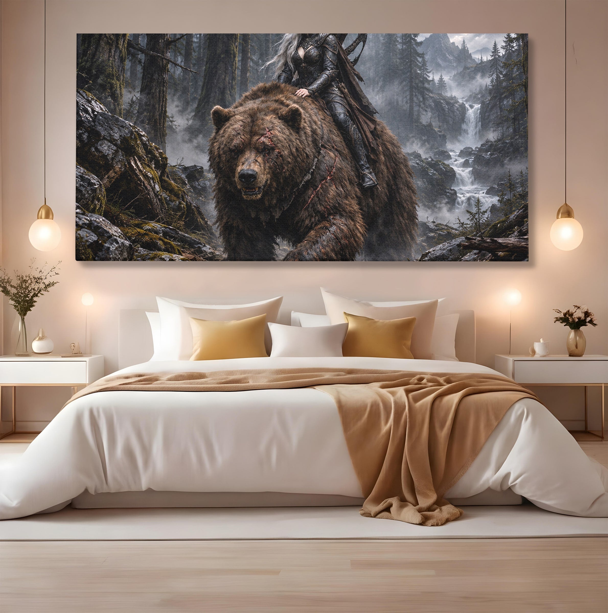 Tablou Canvas Premium LuxCanva® U1111, Razboinica si Ursul,  Padure, Aventura, Fantezie, Urs, Dormitor, Culori Vibrante