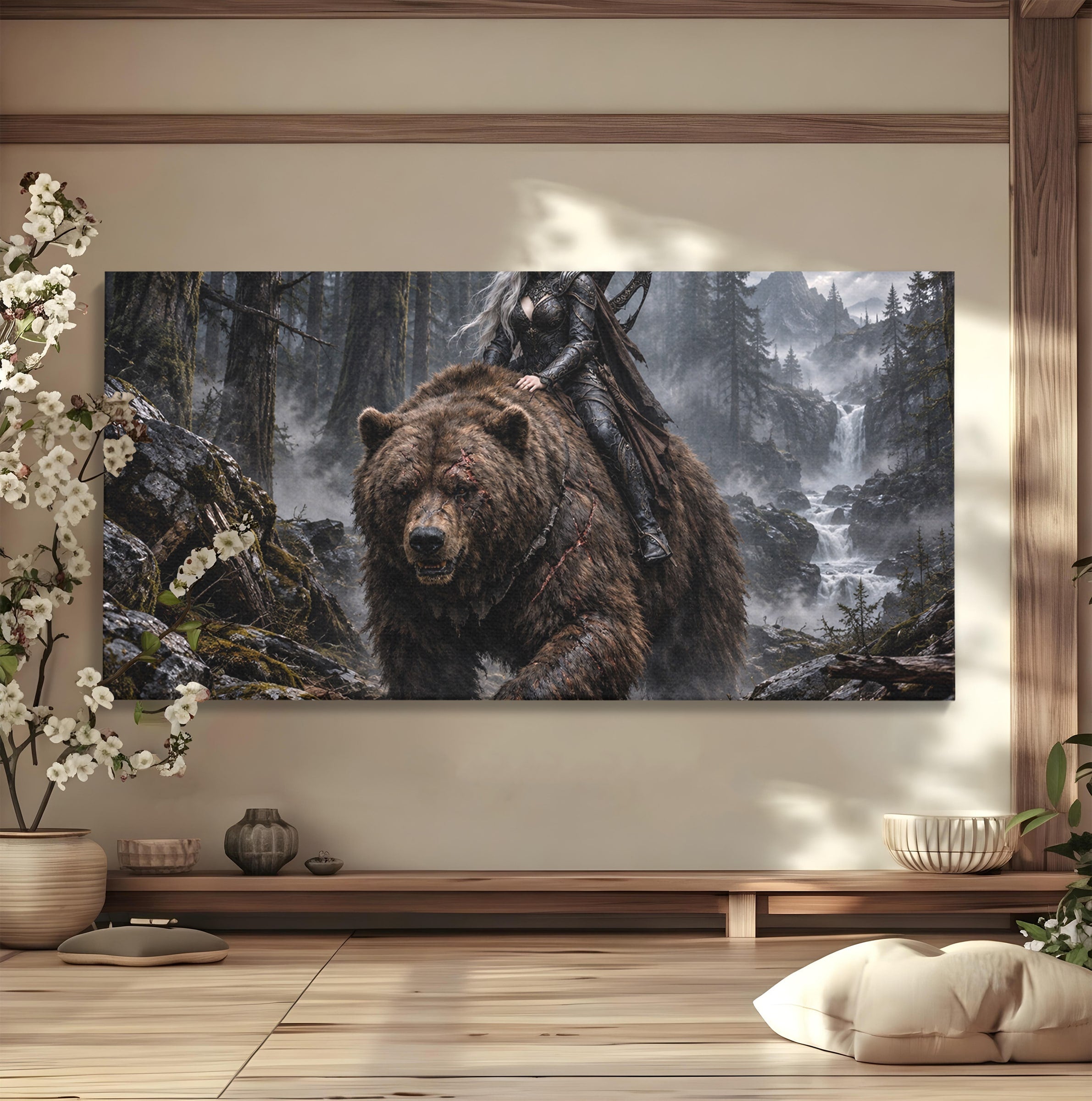 Tablou Canvas Premium LuxCanva® U1111, Razboinica si Ursul,  Padure, Aventura, Fantezie, Urs, Dormitor, Culori Vibrante