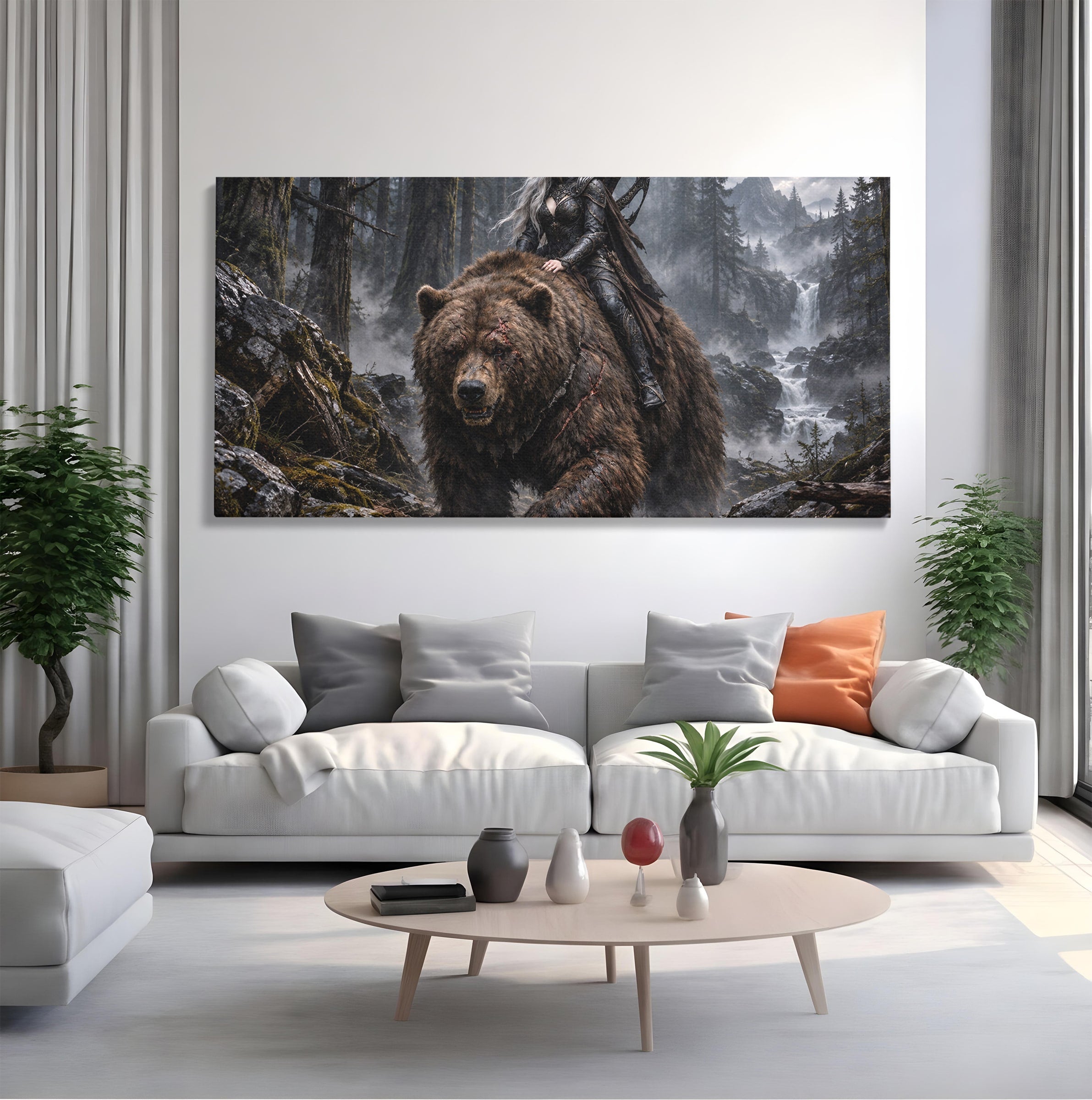 Tablou Canvas Premium LuxCanva® U1111, Razboinica si Ursul,  Padure, Aventura, Fantezie, Urs, Dormitor, Culori Vibrante