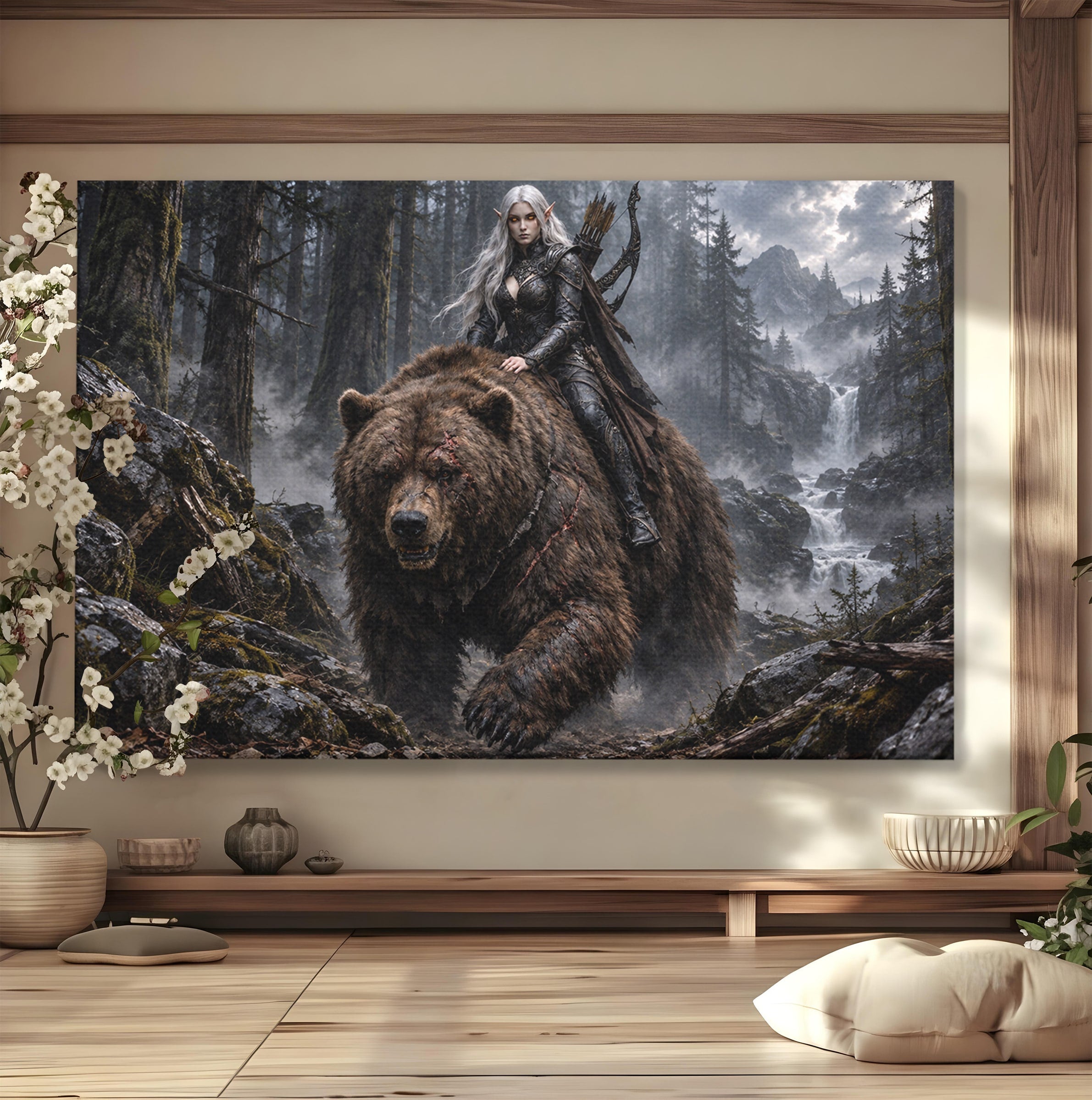 Tablou Canvas Premium LuxCanva® U1111, Razboinica si Ursul,  Padure, Aventura, Fantezie, Urs, Dormitor, Culori Vibrante