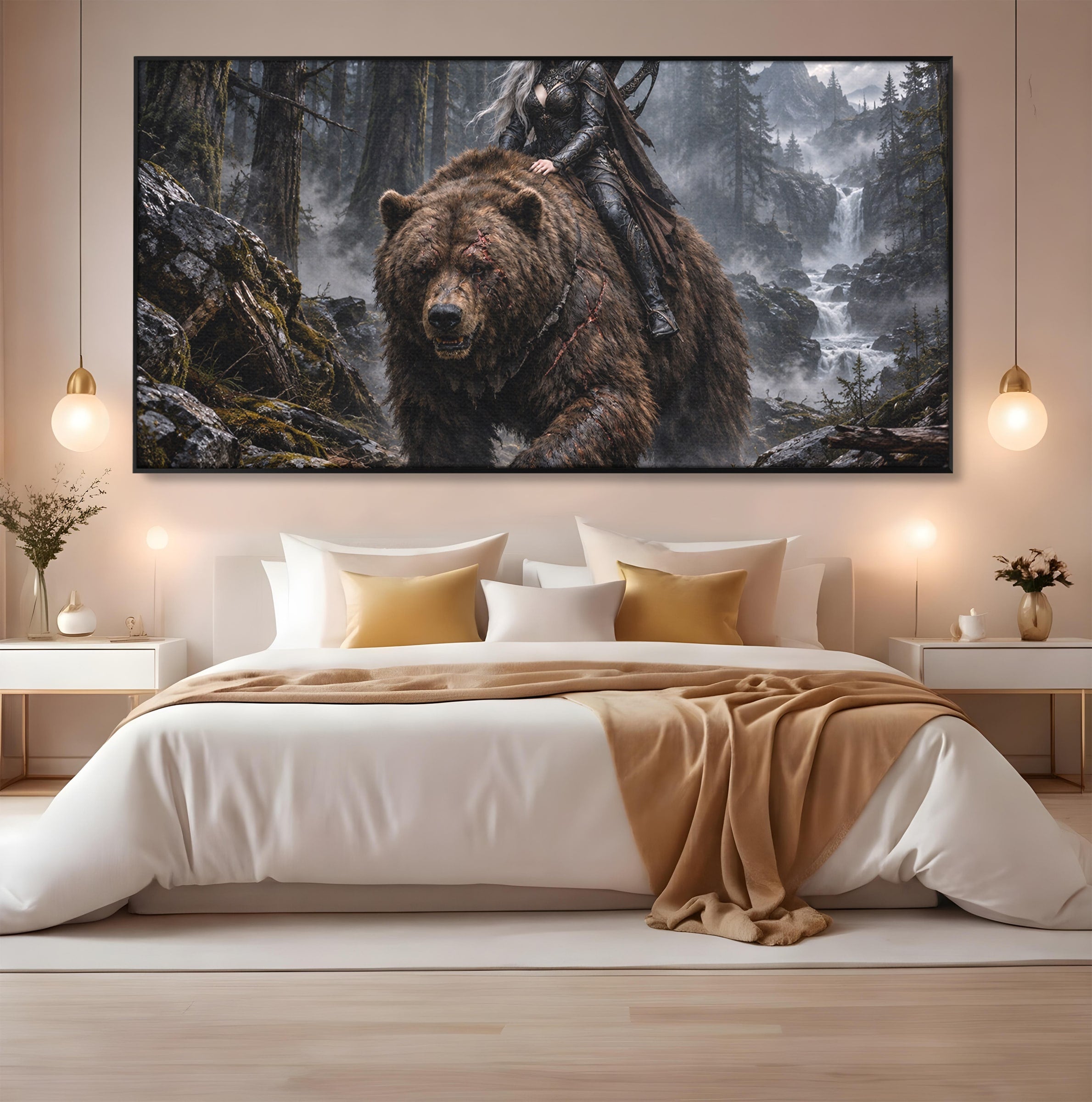 Tablou Canvas Premium LuxCanva® U1111, Razboinica si Ursul,  Padure, Aventura, Fantezie, Urs, Dormitor, Culori Vibrante