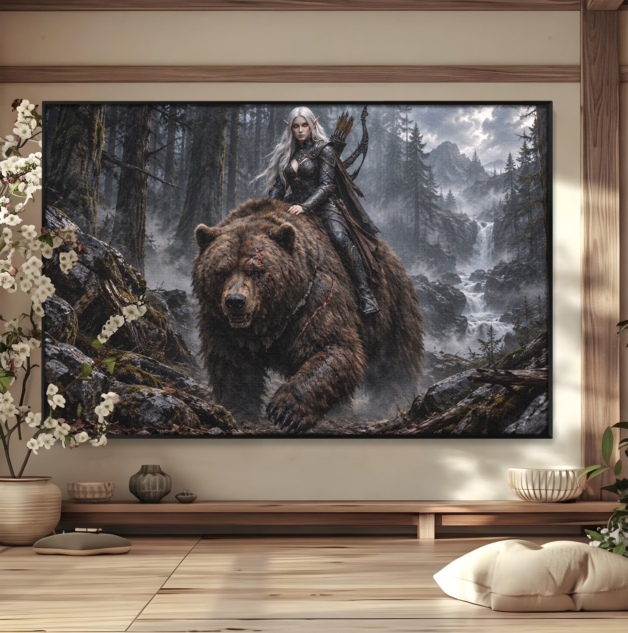 Tablou Canvas Premium LuxCanva® U1111, Razboinica si Ursul,  Padure, Aventura, Fantezie, Urs, Dormitor, Culori Vibrante