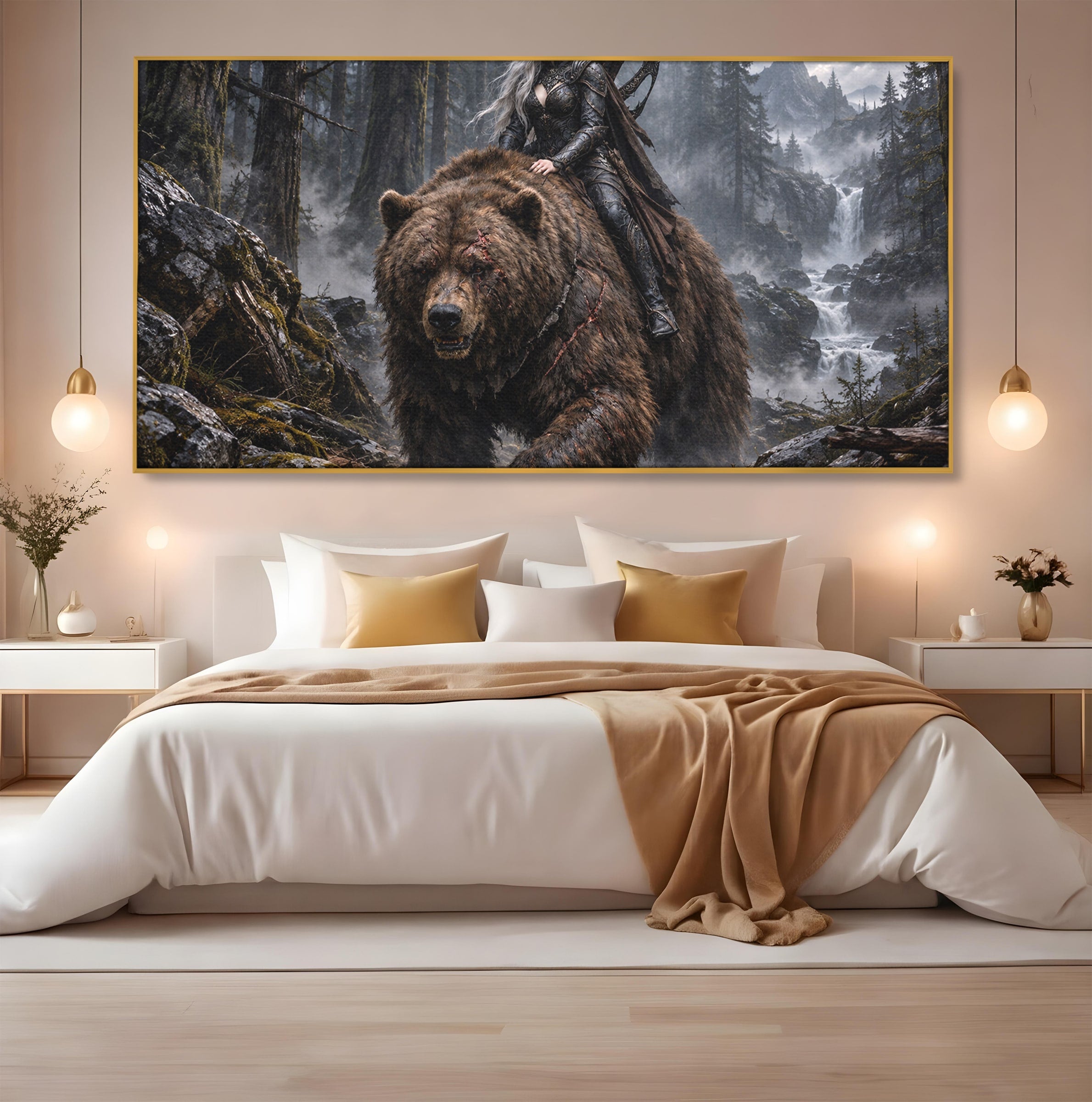 Tablou Canvas Premium LuxCanva® U1111, Razboinica si Ursul,  Padure, Aventura, Fantezie, Urs, Dormitor, Culori Vibrante
