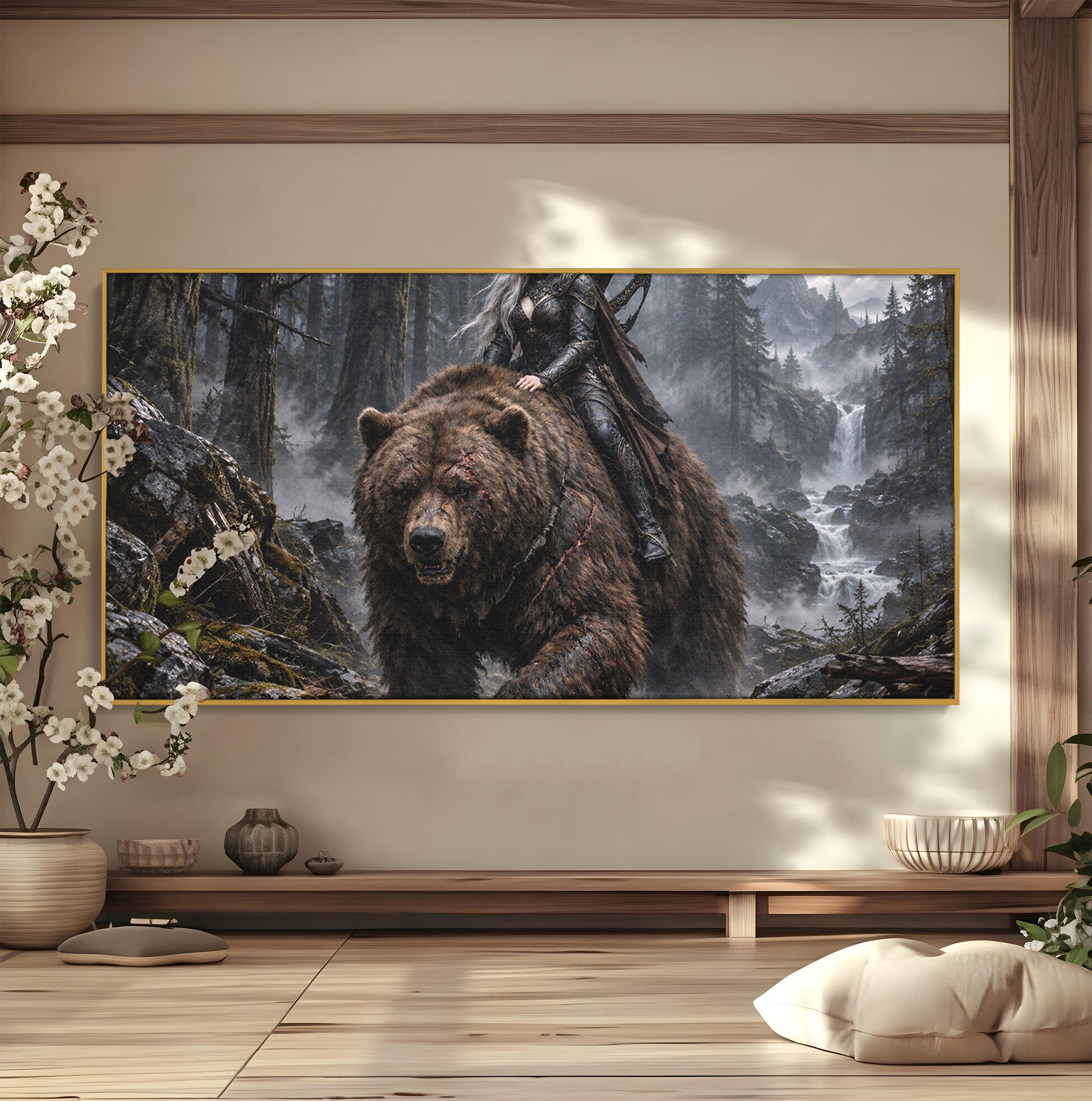 Tablou Canvas Premium LuxCanva® U1111, Razboinica si Ursul,  Padure, Aventura, Fantezie, Urs, Dormitor, Culori Vibrante