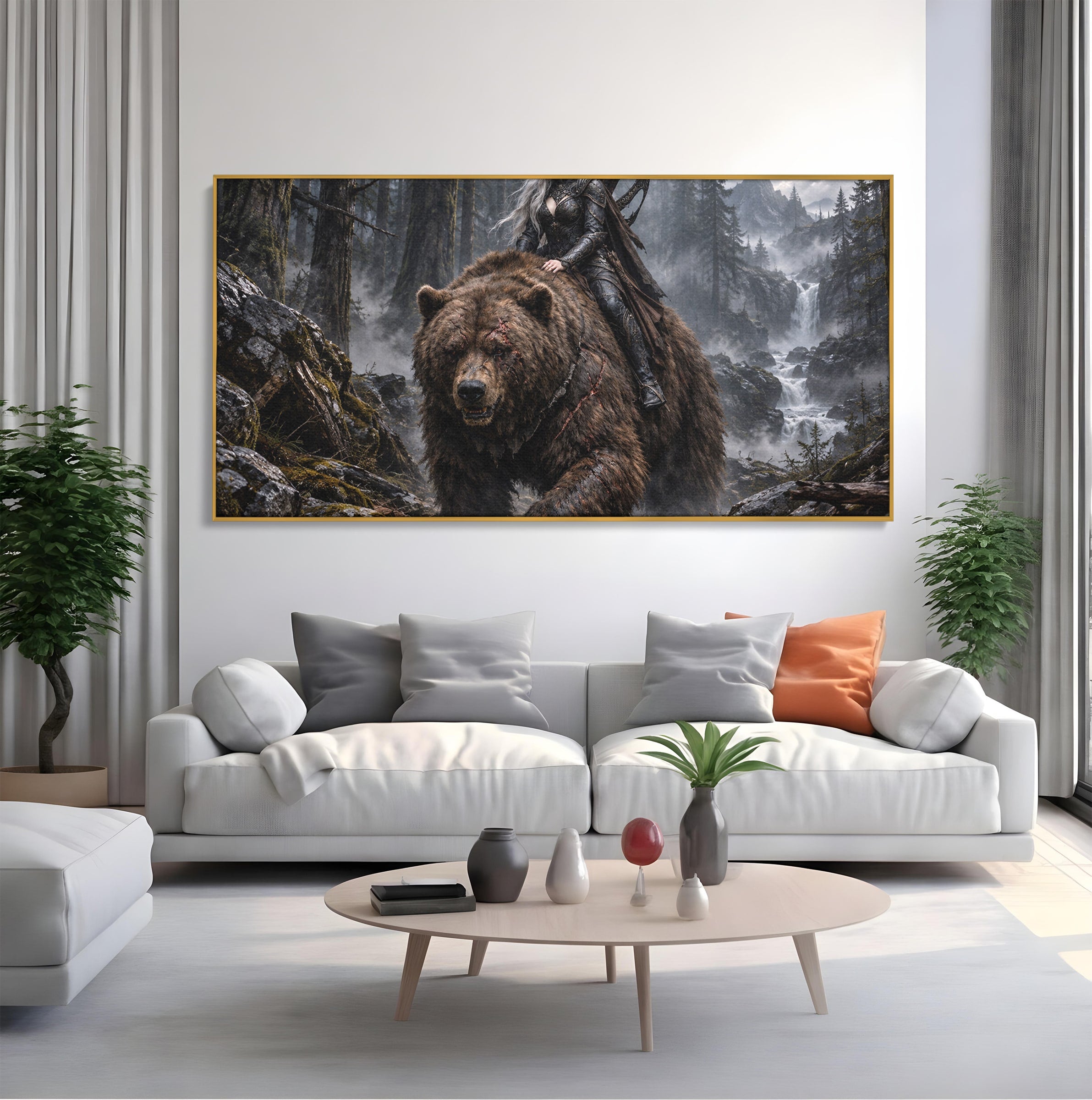 Tablou Canvas Premium LuxCanva® U1111, Razboinica si Ursul,  Padure, Aventura, Fantezie, Urs, Dormitor, Culori Vibrante