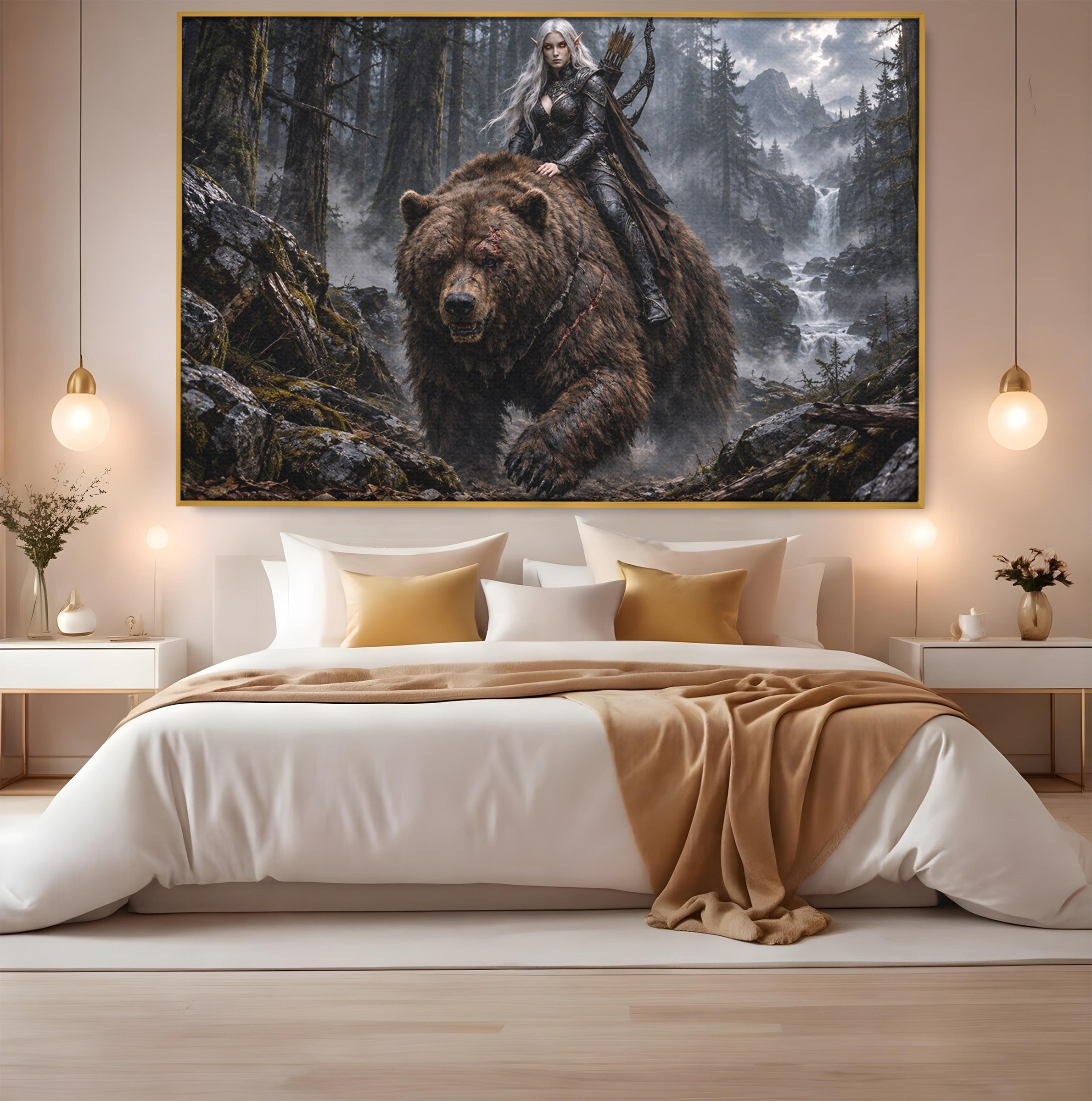 Tablou Canvas Premium LuxCanva® U1111, Razboinica si Ursul,  Padure, Aventura, Fantezie, Urs, Dormitor, Culori Vibrante