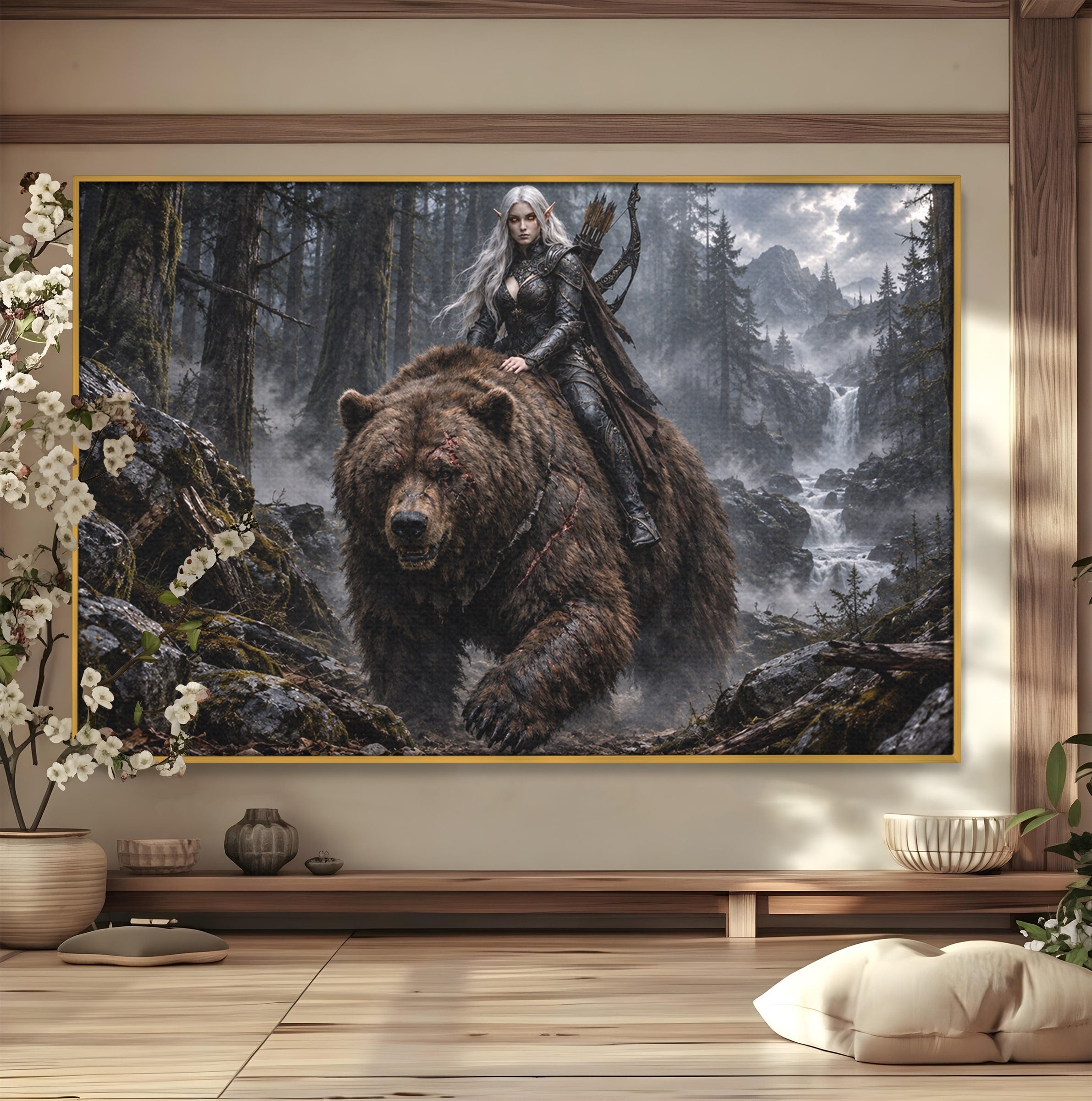 Tablou Canvas Premium LuxCanva® U1111, Razboinica si Ursul,  Padure, Aventura, Fantezie, Urs, Dormitor, Culori Vibrante