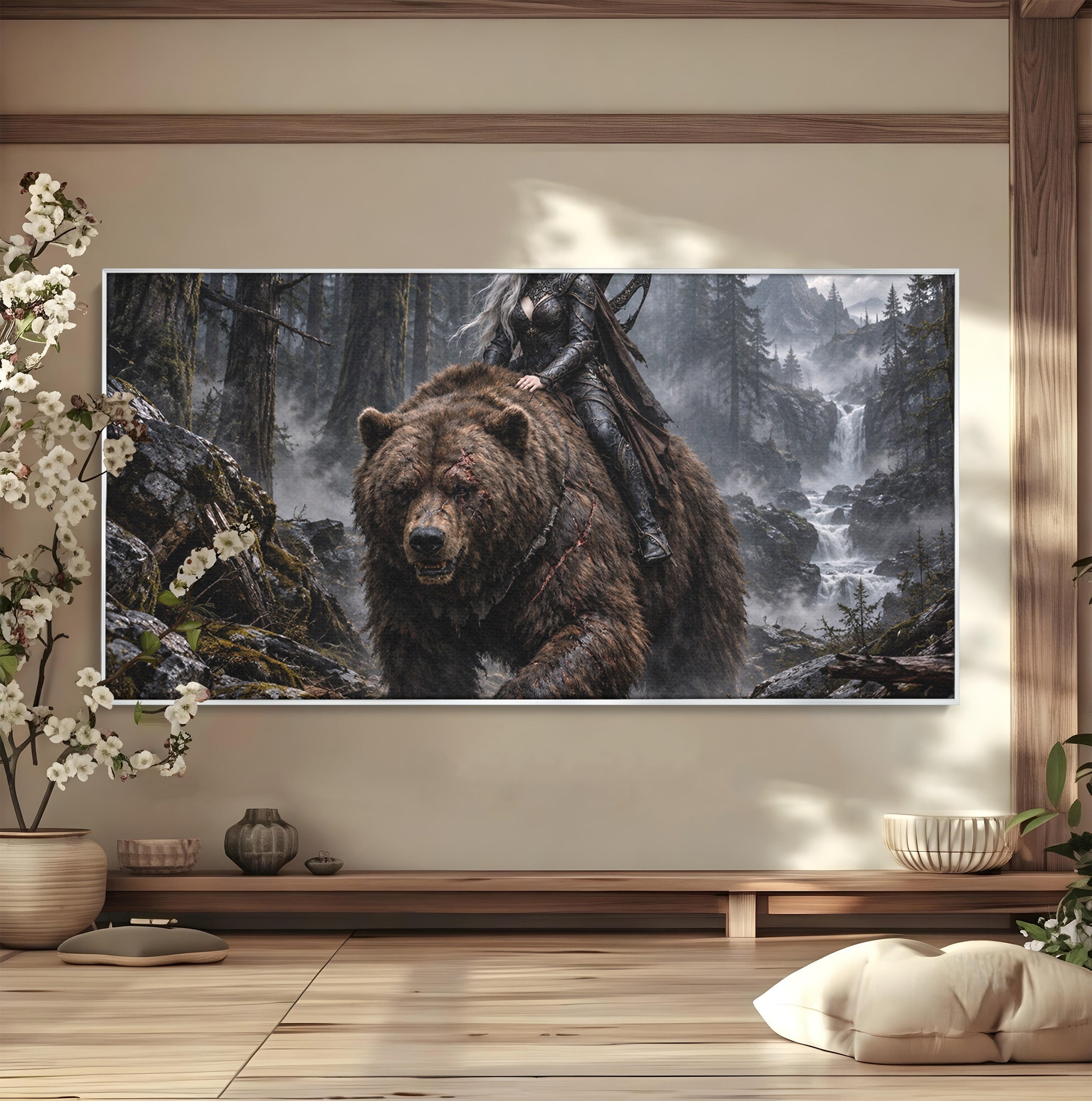 Tablou Canvas Premium LuxCanva® U1111, Razboinica si Ursul,  Padure, Aventura, Fantezie, Urs, Dormitor, Culori Vibrante