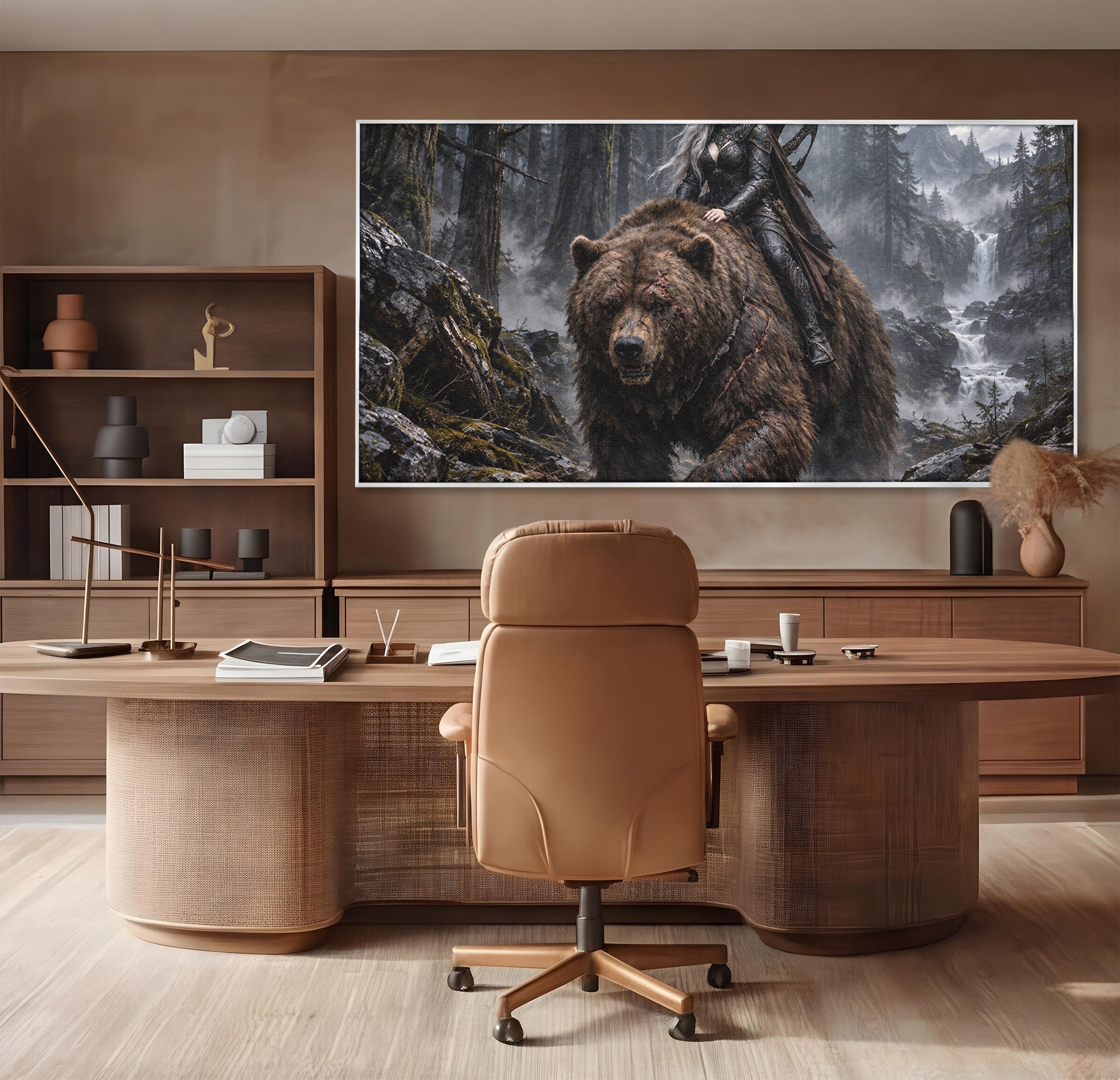 Tablou Canvas Premium LuxCanva® U1111, Razboinica si Ursul,  Padure, Aventura, Fantezie, Urs, Dormitor, Culori Vibrante