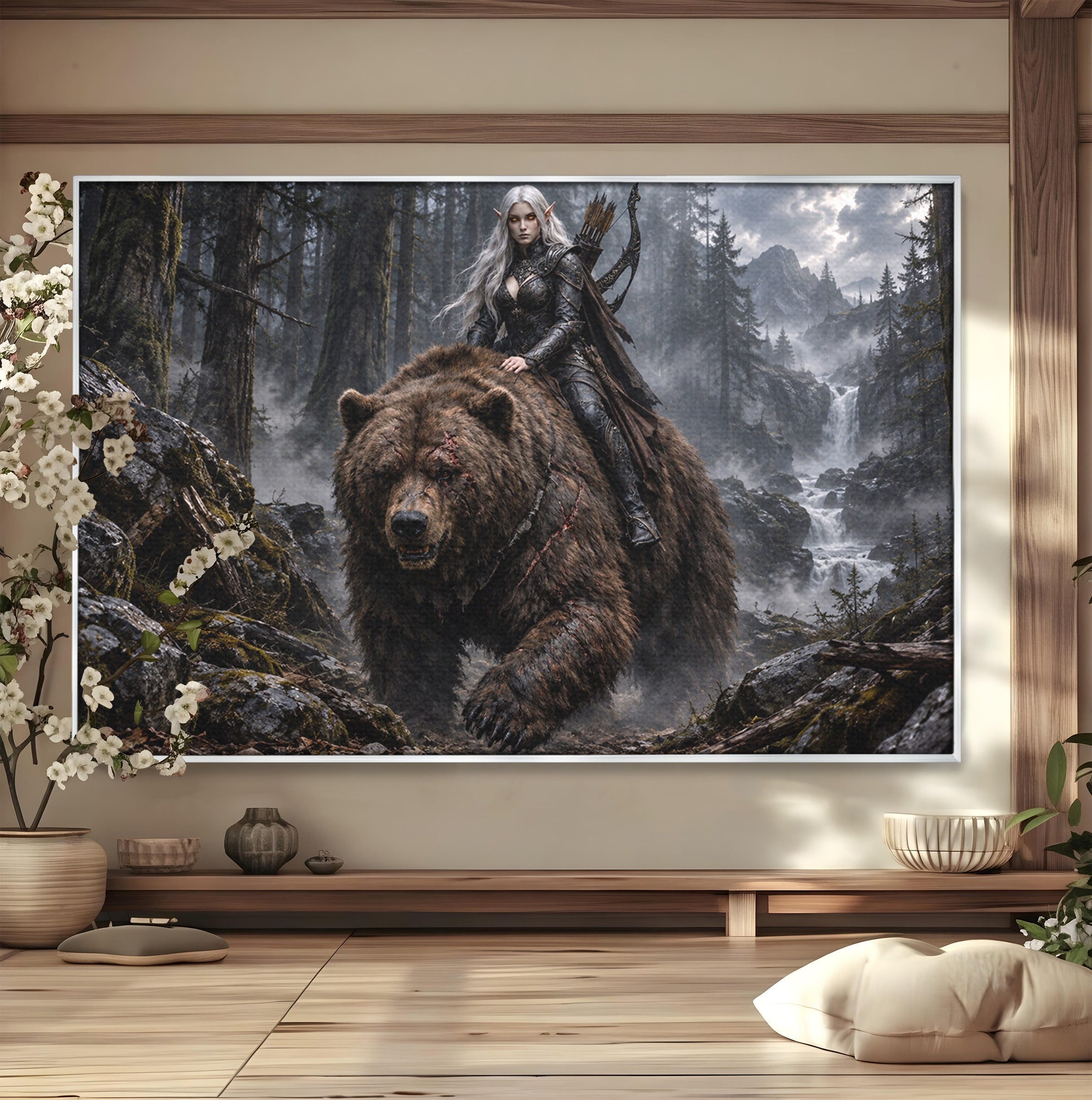 Tablou Canvas Premium LuxCanva® U1111, Razboinica si Ursul,  Padure, Aventura, Fantezie, Urs, Dormitor, Culori Vibrante