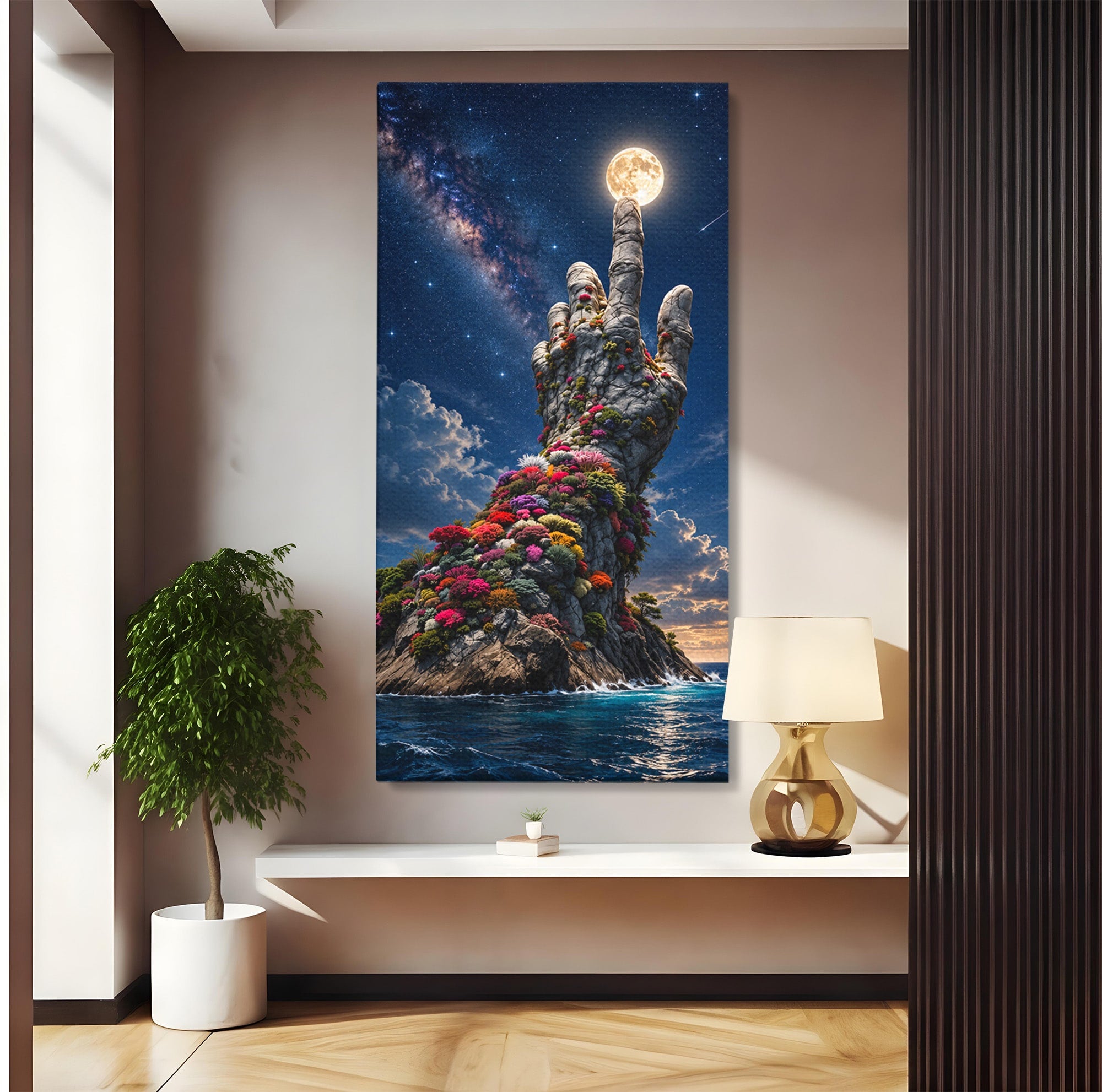 Tablou Canvas Premium LuxCanva® U1112, Mana Spre Luna, Mana,  Natura, Cer, Luna, Living, Culori Vibrante