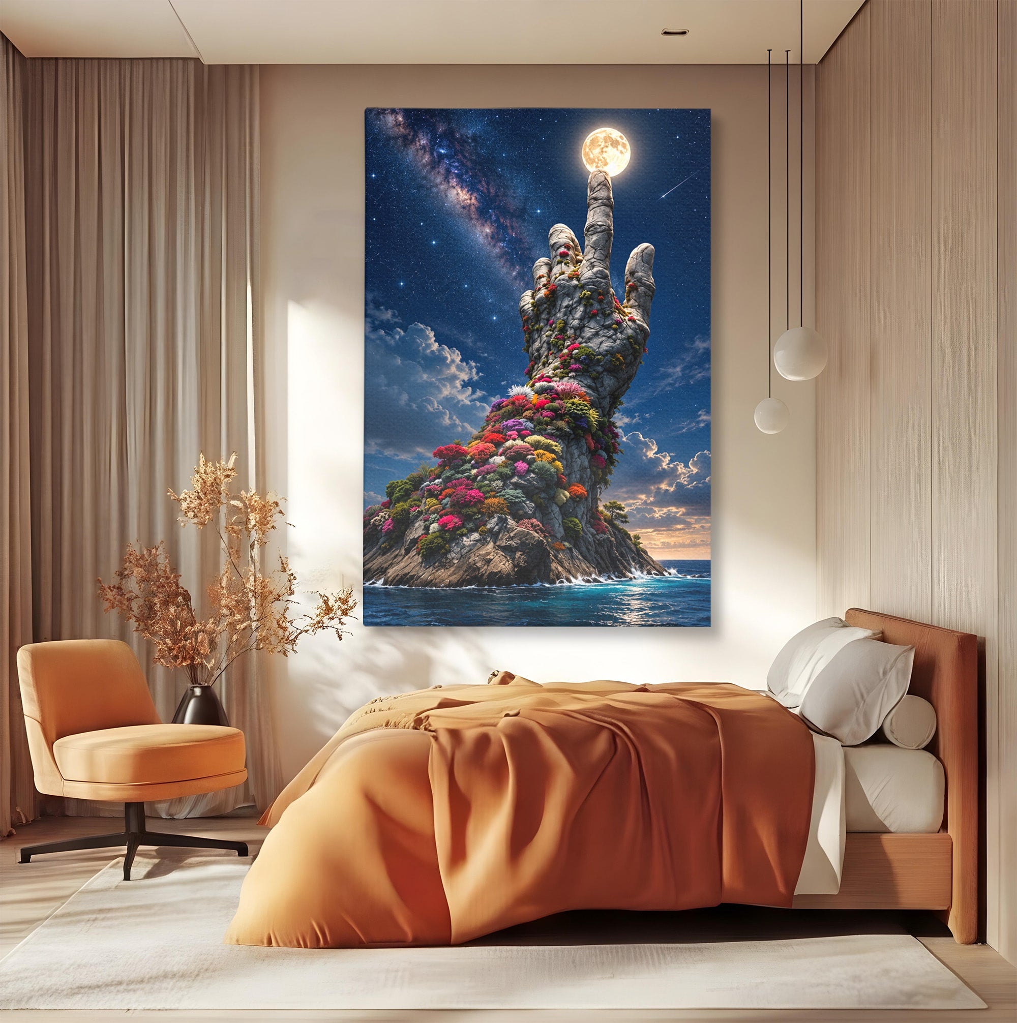 Tablou Canvas Premium LuxCanva® U1112, Mana Spre Luna, Mana,  Natura, Cer, Luna, Living, Culori Vibrante