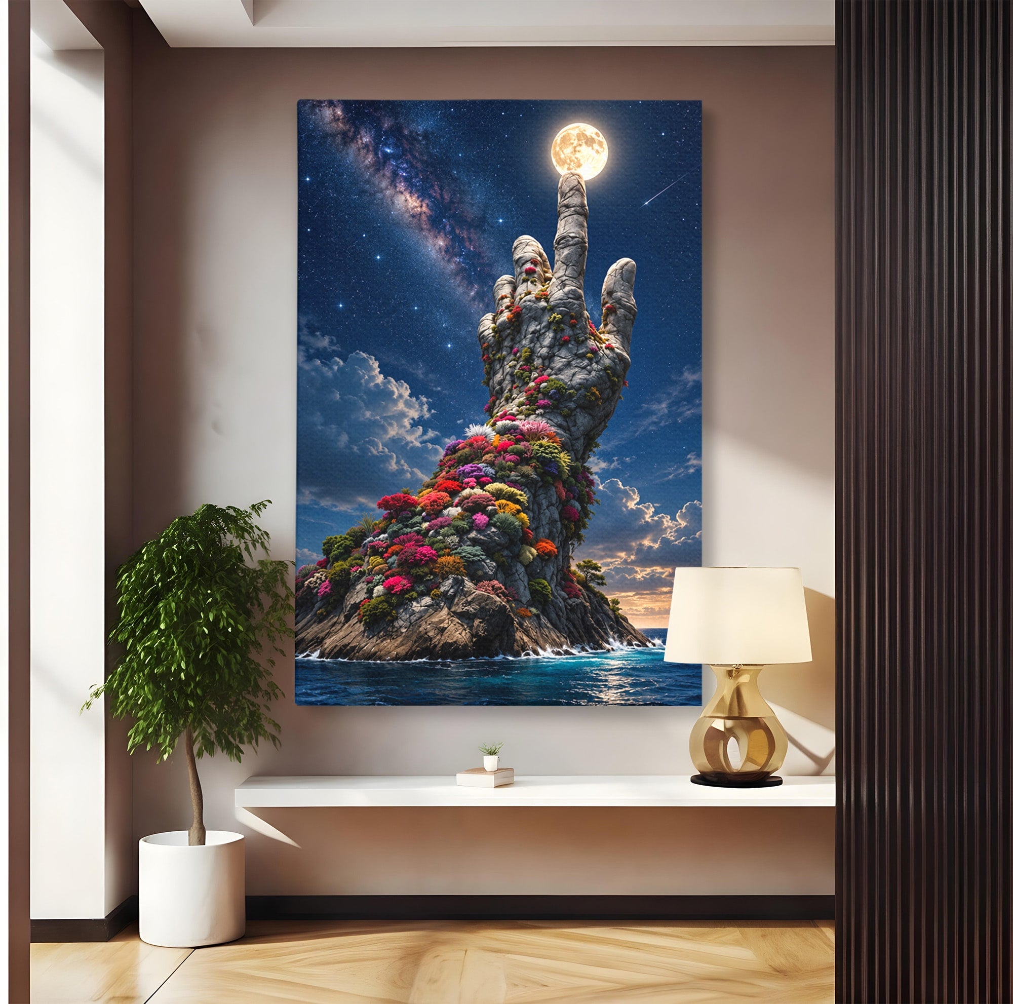 Tablou Canvas Premium LuxCanva® U1112, Mana Spre Luna, Mana,  Natura, Cer, Luna, Living, Culori Vibrante