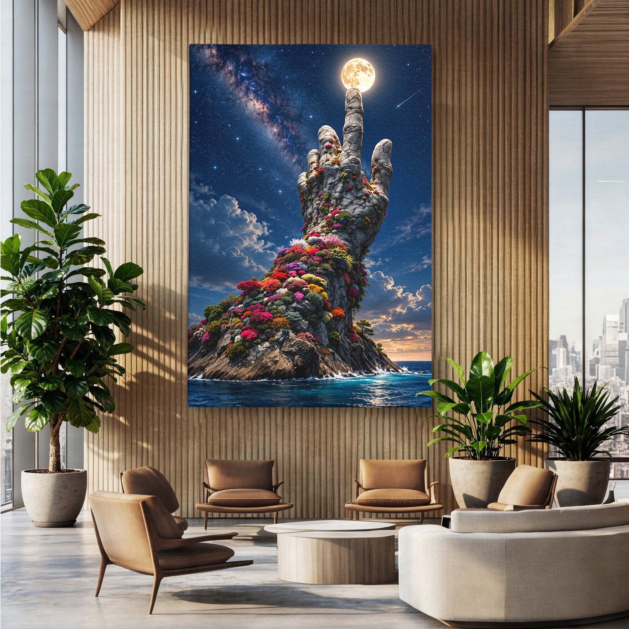 Tablou Canvas Premium LuxCanva® U1112, Mana Spre Luna, Mana,  Natura, Cer, Luna, Living, Culori Vibrante