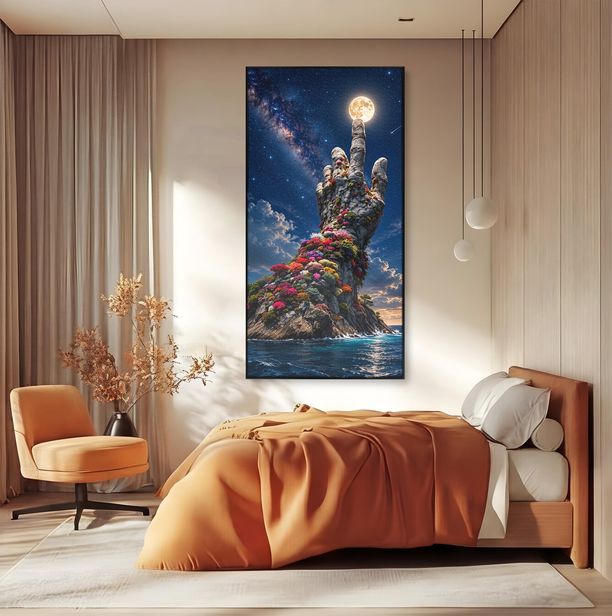 Tablou Canvas Premium LuxCanva® U1112, Mana Spre Luna, Mana,  Natura, Cer, Luna, Living, Culori Vibrante
