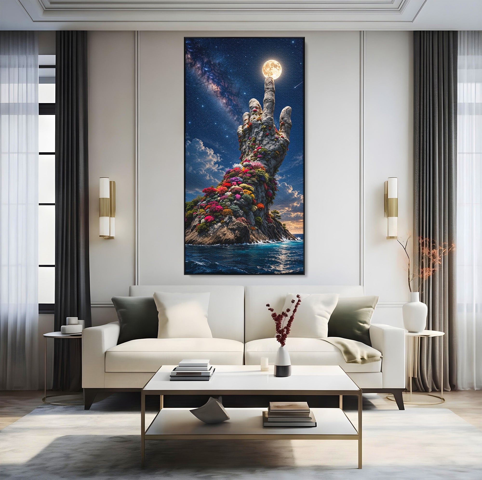 Tablou Canvas Premium LuxCanva® U1112, Mana Spre Luna, Mana,  Natura, Cer, Luna, Living, Culori Vibrante