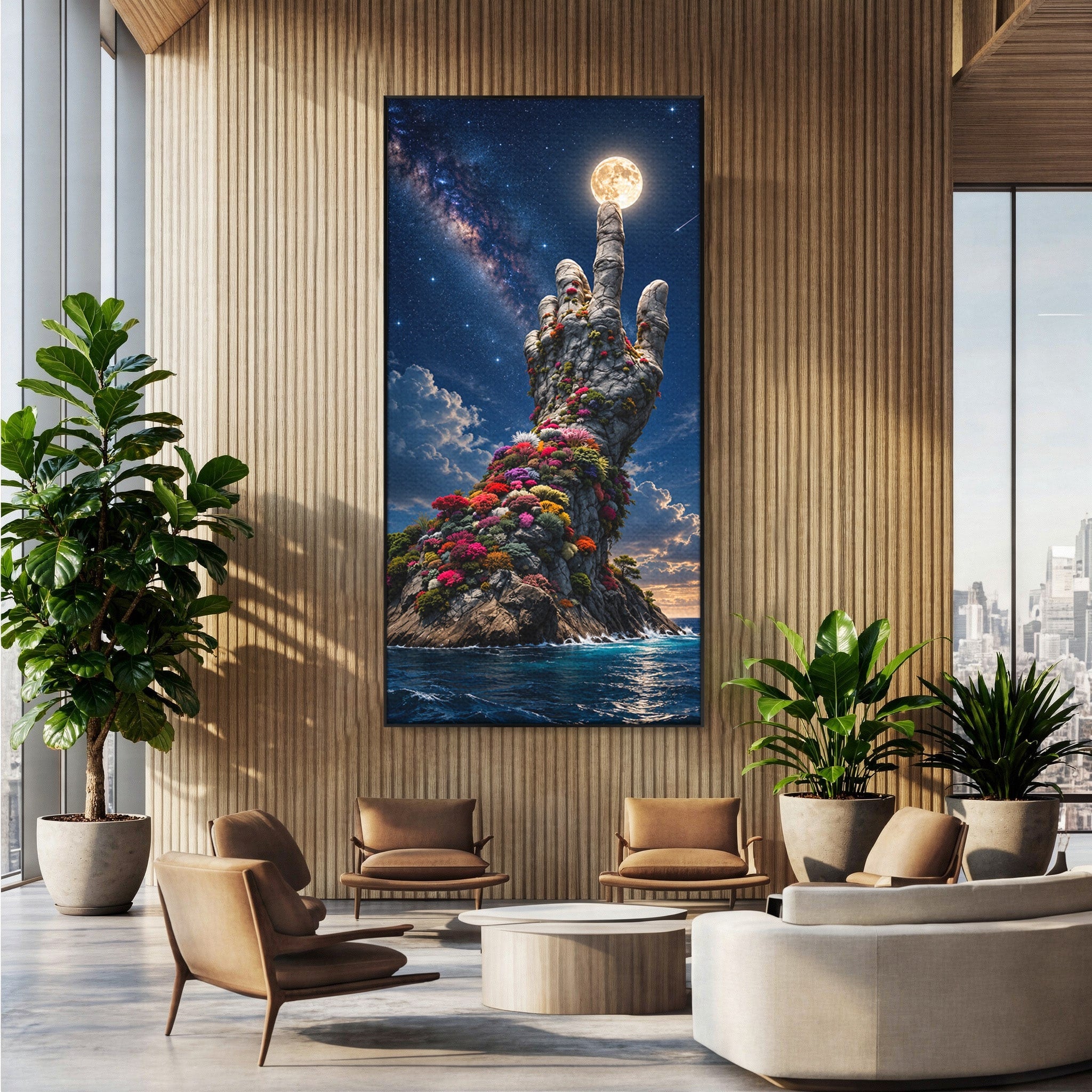 Tablou Canvas Premium LuxCanva® U1112, Mana Spre Luna, Mana,  Natura, Cer, Luna, Living, Culori Vibrante