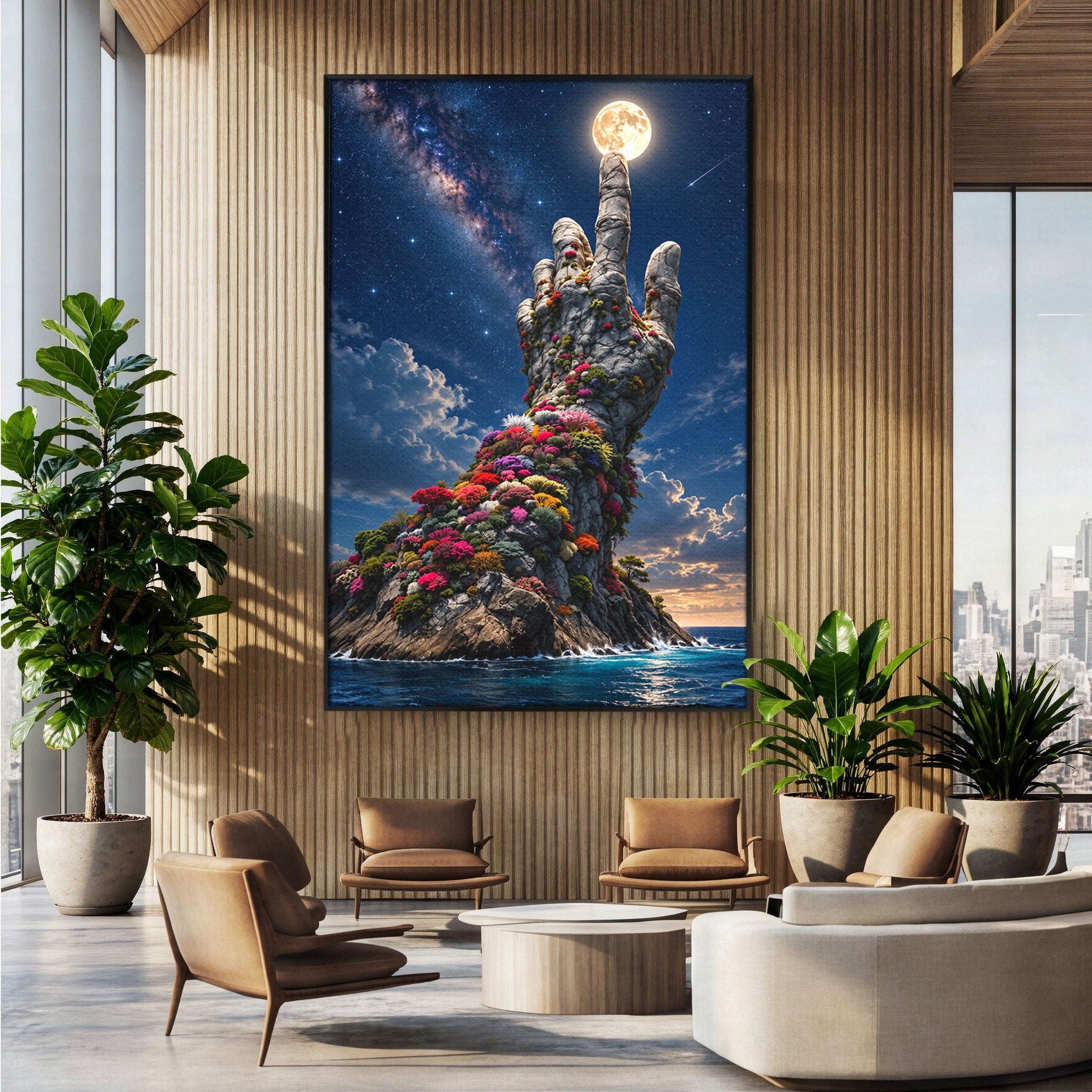 Tablou Canvas Premium LuxCanva® U1112, Mana Spre Luna, Mana,  Natura, Cer, Luna, Living, Culori Vibrante