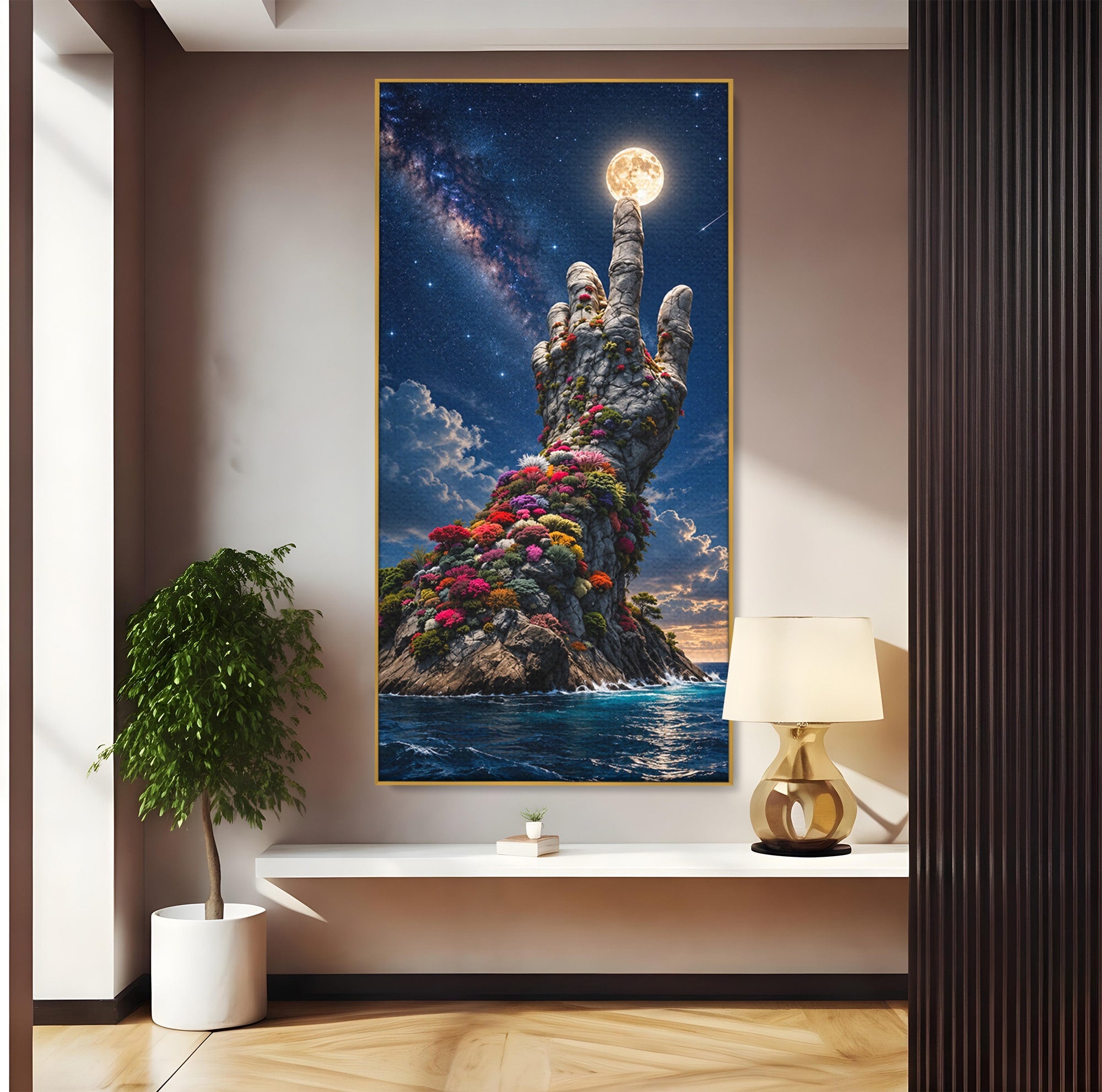 Tablou Canvas Premium LuxCanva® U1112, Mana Spre Luna, Mana,  Natura, Cer, Luna, Living, Culori Vibrante