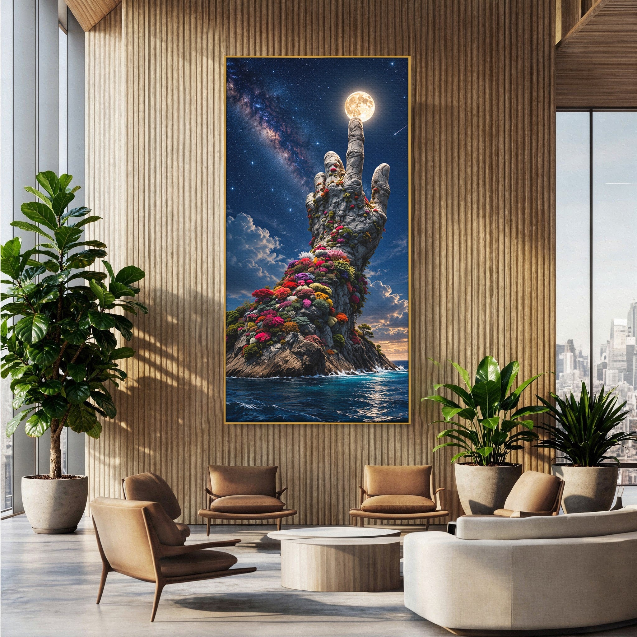 Tablou Canvas Premium LuxCanva® U1112, Mana Spre Luna, Mana,  Natura, Cer, Luna, Living, Culori Vibrante