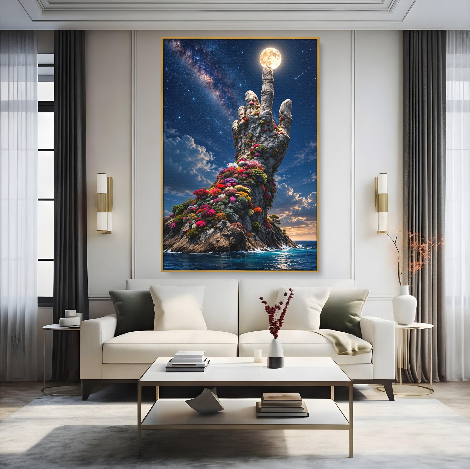 Tablou Canvas Premium LuxCanva® U1112, Mana Spre Luna, Mana,  Natura, Cer, Luna, Living, Culori Vibrante