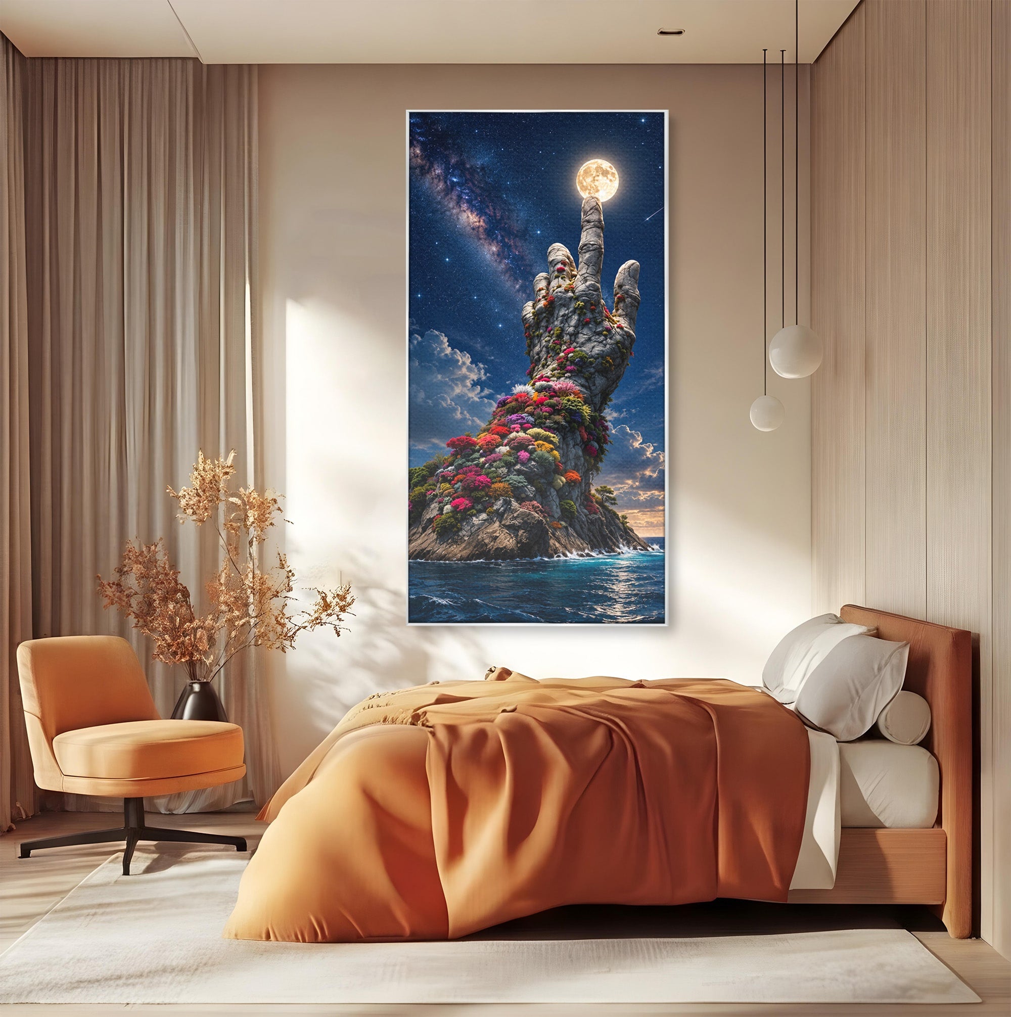 Tablou Canvas Premium LuxCanva® U1112, Mana Spre Luna, Mana,  Natura, Cer, Luna, Living, Culori Vibrante