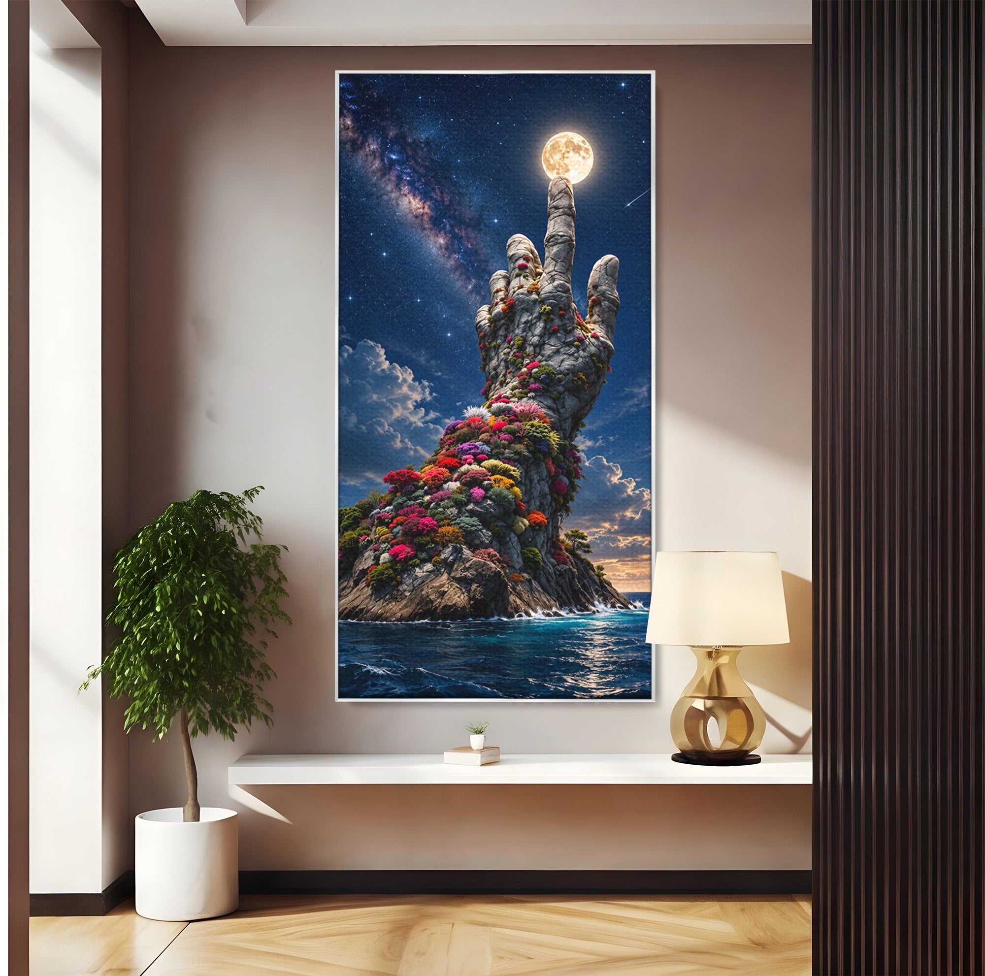 Tablou Canvas Premium LuxCanva® U1112, Mana Spre Luna, Mana,  Natura, Cer, Luna, Living, Culori Vibrante
