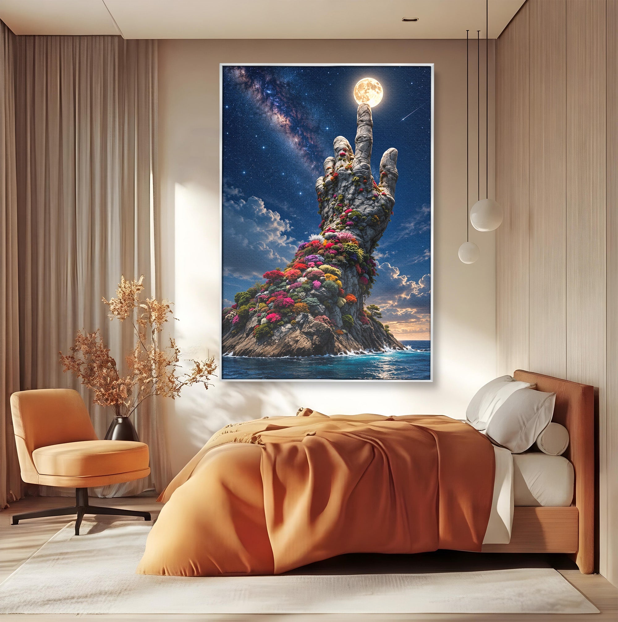 Tablou Canvas Premium LuxCanva® U1112, Mana Spre Luna, Mana,  Natura, Cer, Luna, Living, Culori Vibrante