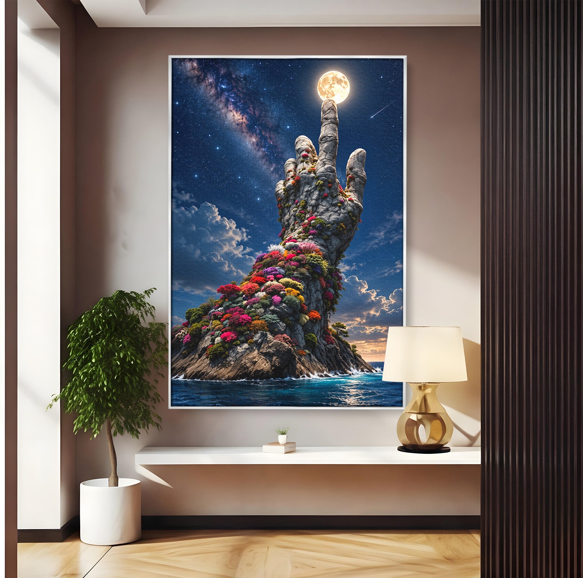 Tablou Canvas Premium LuxCanva® U1112, Mana Spre Luna, Mana,  Natura, Cer, Luna, Living, Culori Vibrante