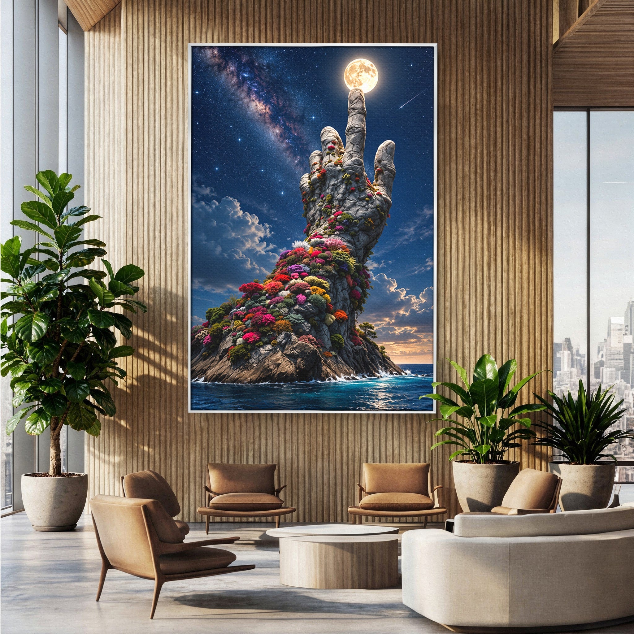 Tablou Canvas Premium LuxCanva® U1112, Mana Spre Luna, Mana,  Natura, Cer, Luna, Living, Culori Vibrante