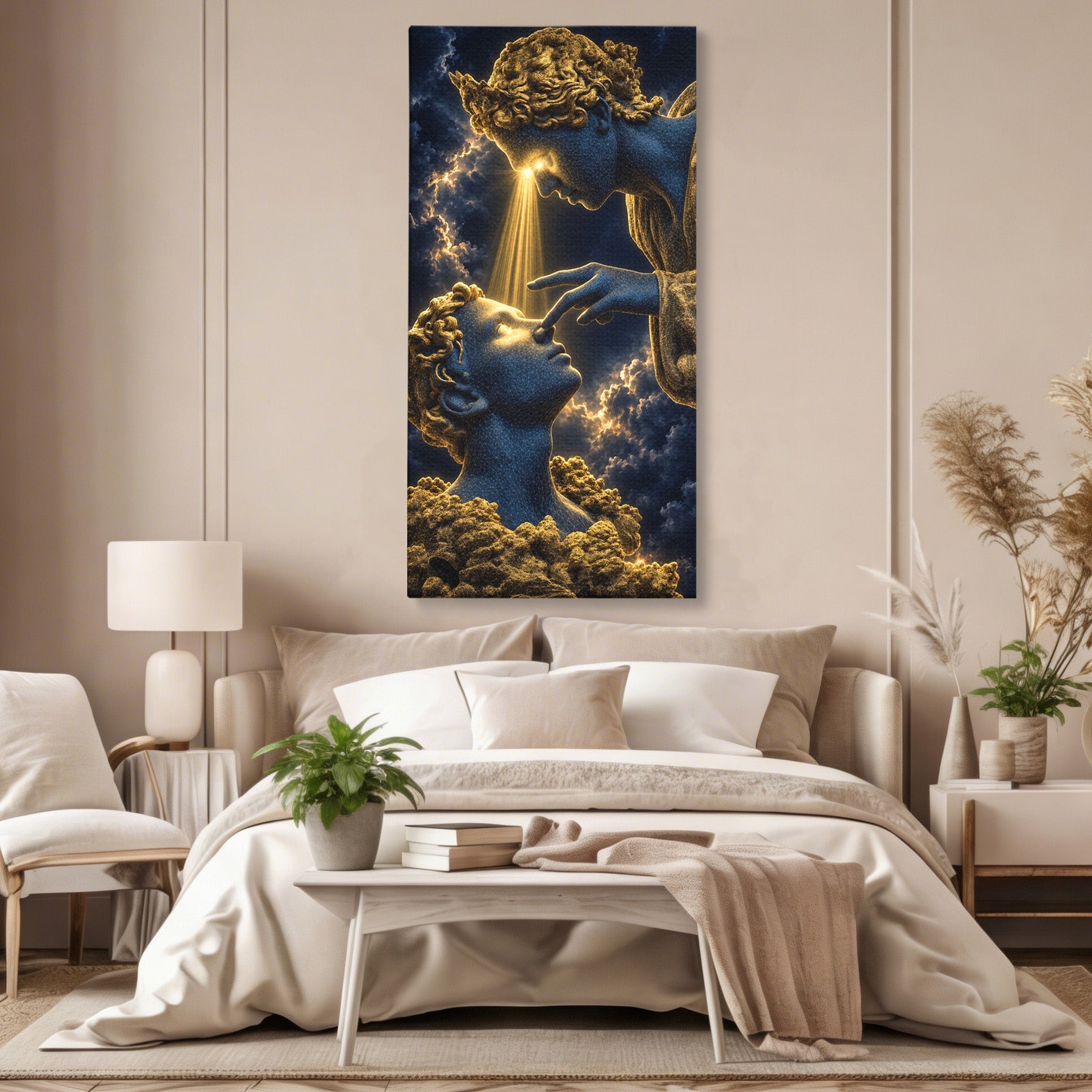 Tablou Canvas Premium LuxCanva® U1115, Atingerea Divina, Sculptura, Arta, Dormitor, Mitologie, Divin, Culori Vibrante