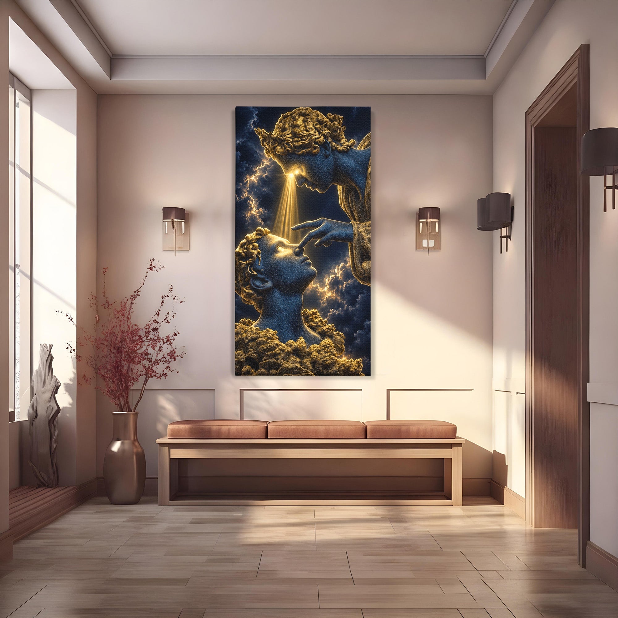 Tablou Canvas Premium LuxCanva® U1115, Atingerea Divina, Sculptura, Arta, Dormitor, Mitologie, Divin, Culori Vibrante
