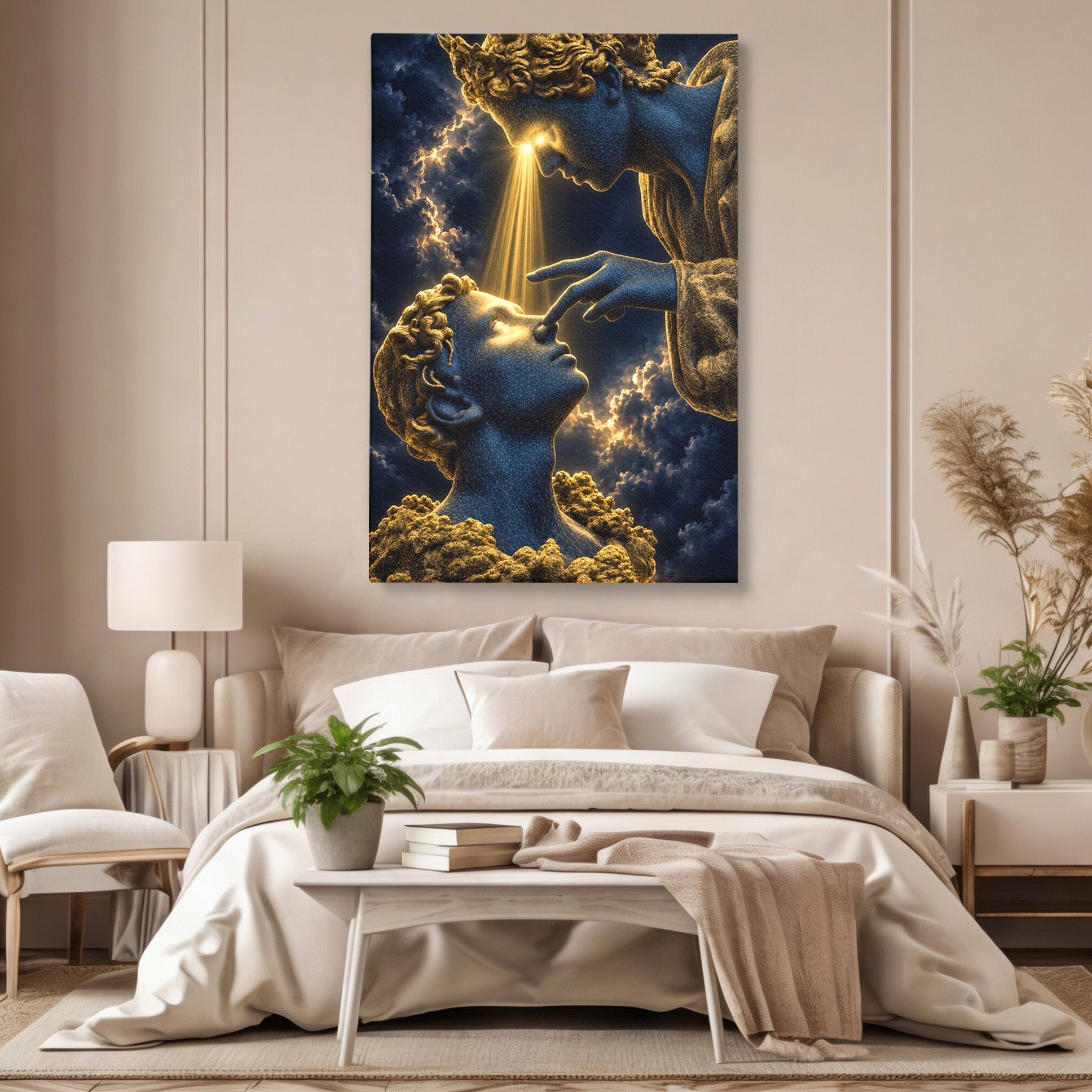 Tablou Canvas Premium LuxCanva® U1115, Atingerea Divina, Sculptura, Arta, Dormitor, Mitologie, Divin, Culori Vibrante