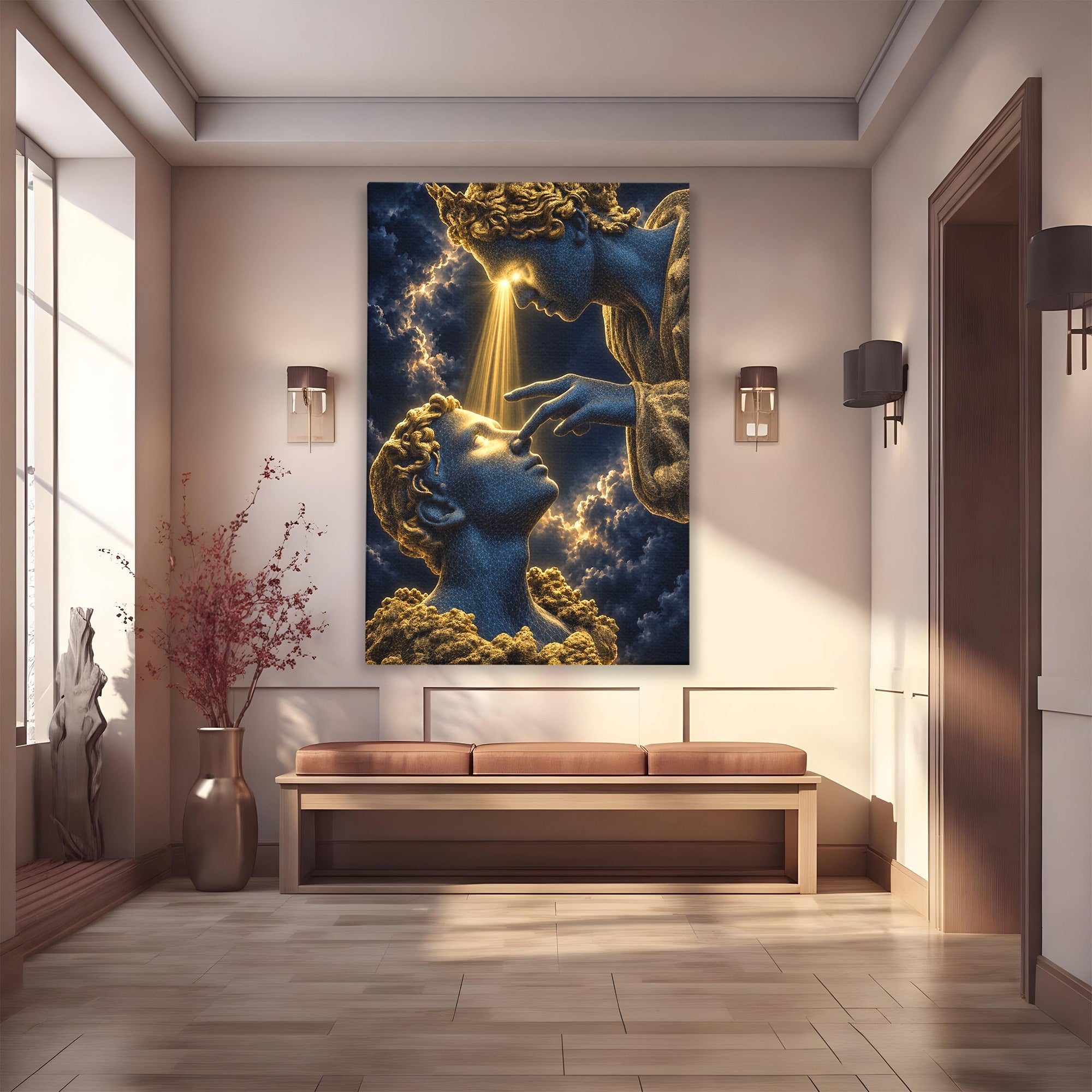 Tablou Canvas Premium LuxCanva® U1115, Atingerea Divina, Sculptura, Arta, Dormitor, Mitologie, Divin, Culori Vibrante