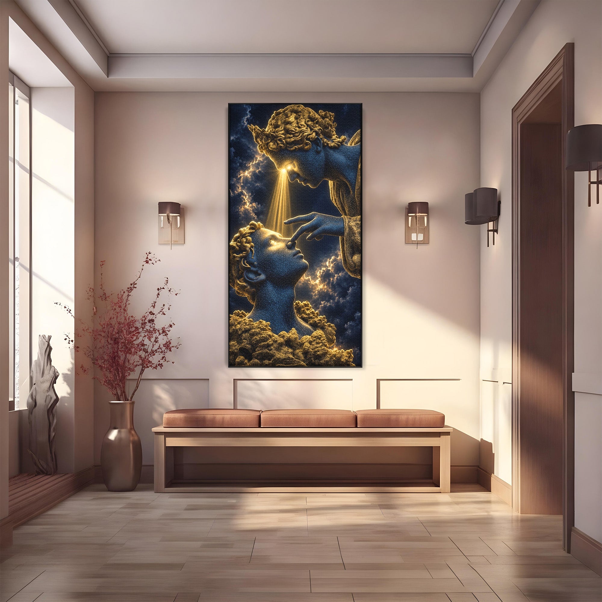 Tablou Canvas Premium LuxCanva® U1115, Atingerea Divina, Sculptura, Arta, Dormitor, Mitologie, Divin, Culori Vibrante