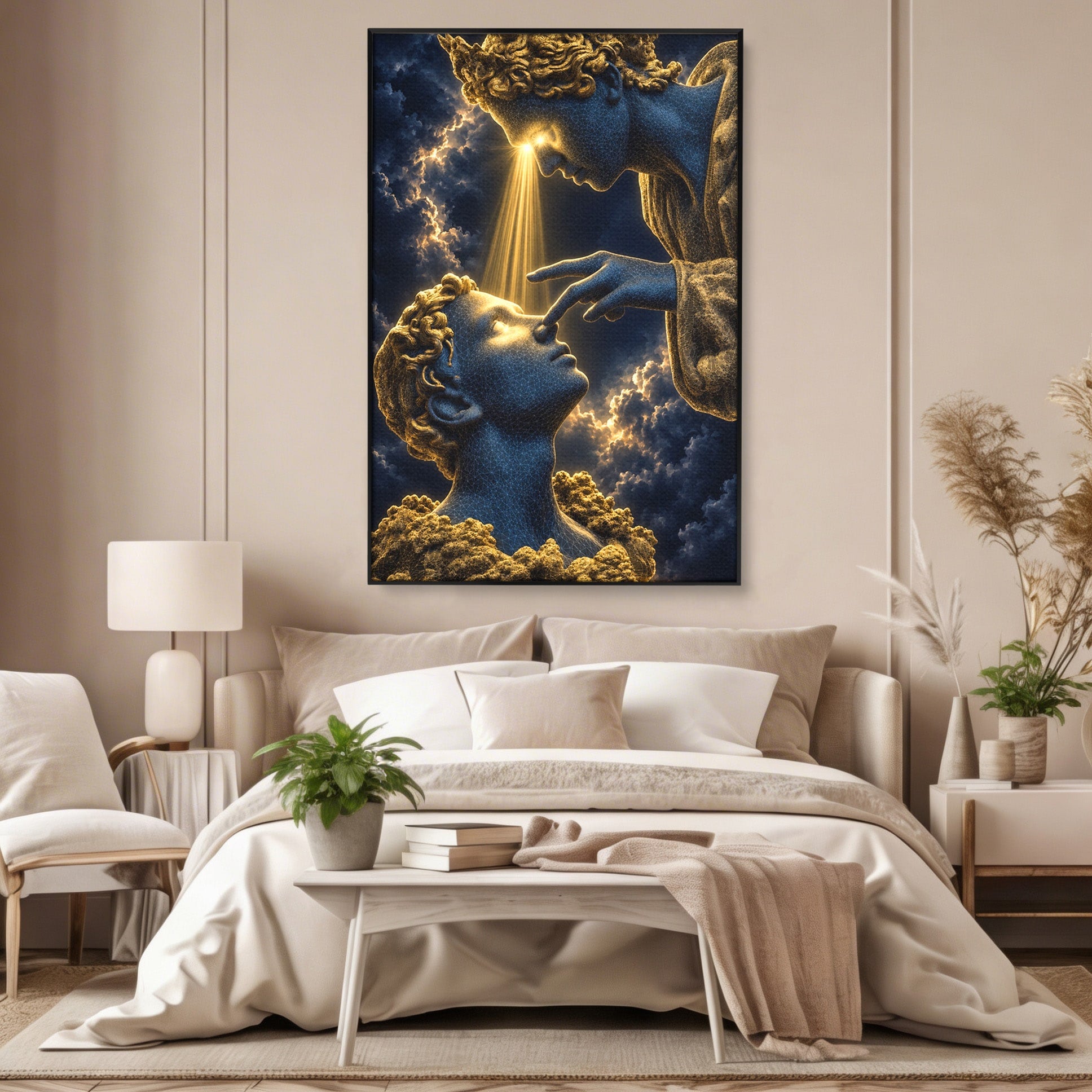 Tablou Canvas Premium LuxCanva® U1115, Atingerea Divina, Sculptura, Arta, Dormitor, Mitologie, Divin, Culori Vibrante
