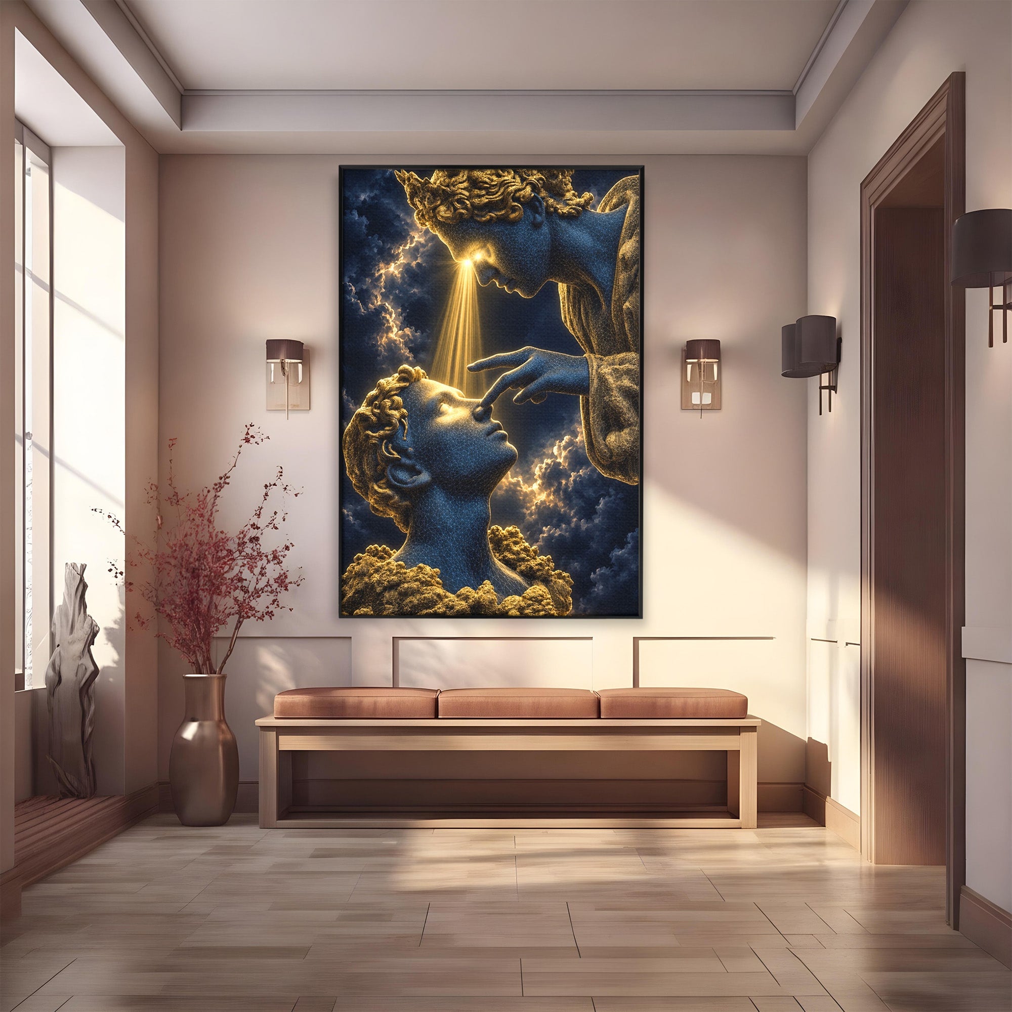 Tablou Canvas Premium LuxCanva® U1115, Atingerea Divina, Sculptura, Arta, Dormitor, Mitologie, Divin, Culori Vibrante