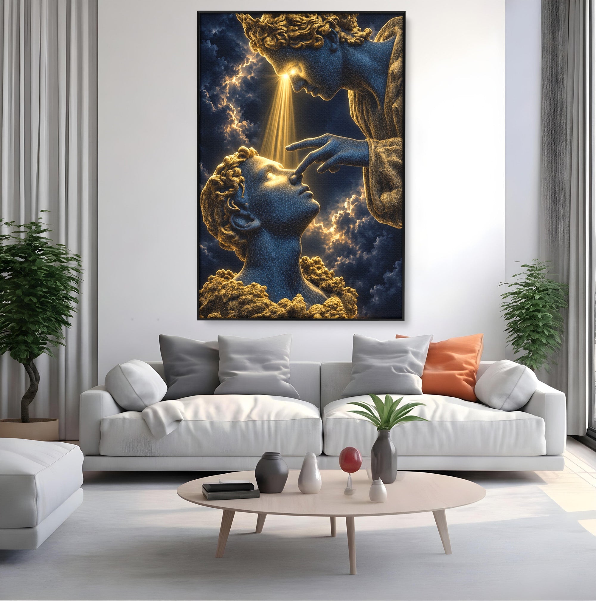 Tablou Canvas Premium LuxCanva® U1115, Atingerea Divina, Sculptura, Arta, Dormitor, Mitologie, Divin, Culori Vibrante